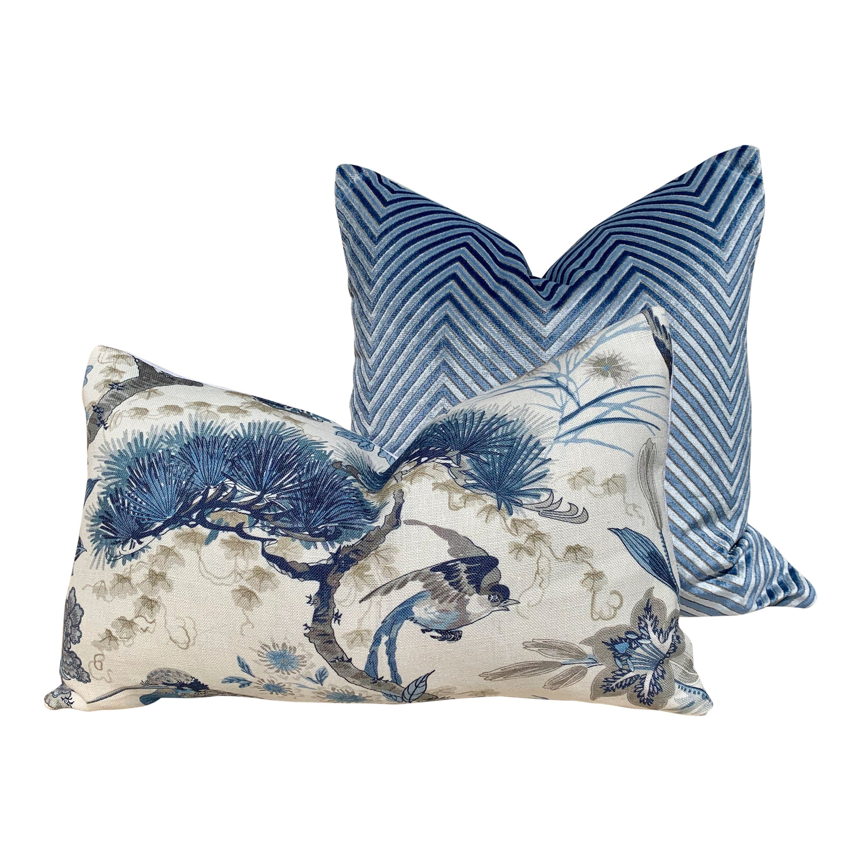 Chevron Velvet Pillow in Blue. Designer Zig Zag Velvet Pillow, Blue Chevron Pillow, Long Lumbar Pillow, Euro Sham Cushion, Geometric Throw