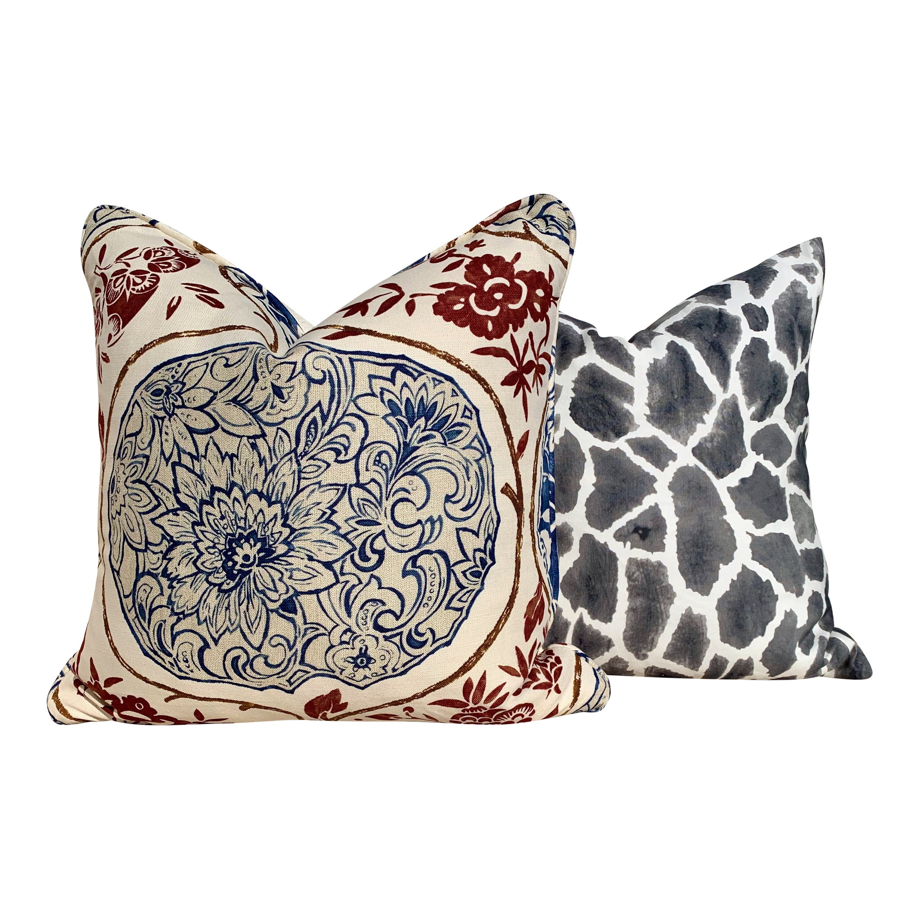 Schumacher Katsugi Pillow in Indigo and Cinnabar. Decorative Medallion Pillow, Navy. Designer Lumbar Pillow Accent Pillow Cover Toss throw