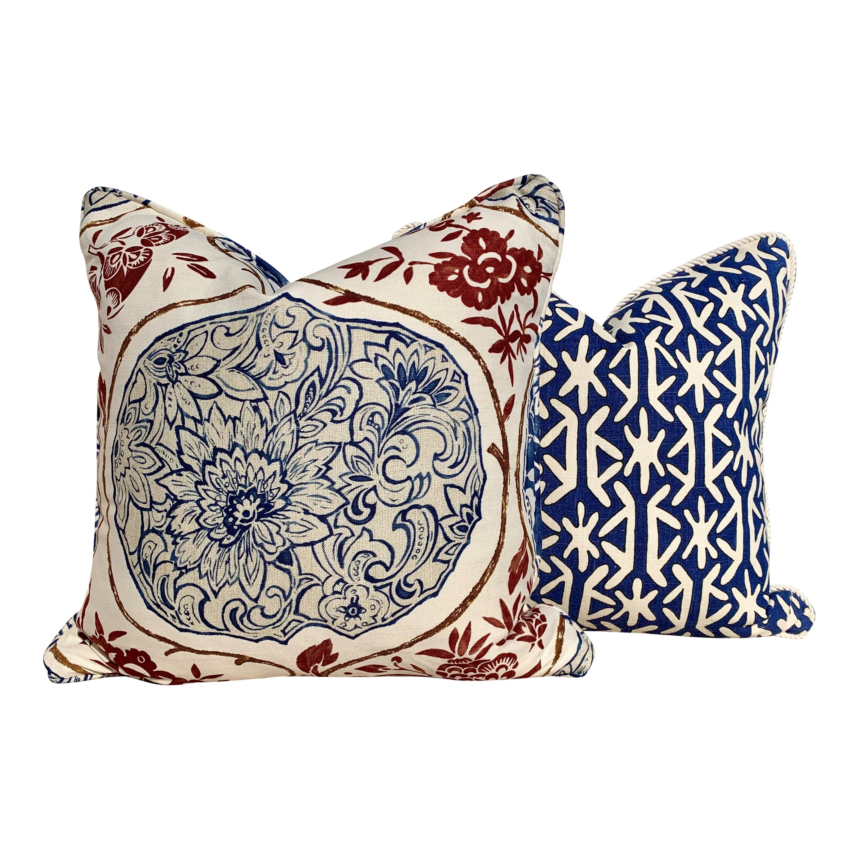 Schumacher Katsugi Pillow in Indigo and Cinnabar. Decorative Medallion Pillow, Navy. Designer Lumbar Pillow Accent Pillow Cover Toss throw