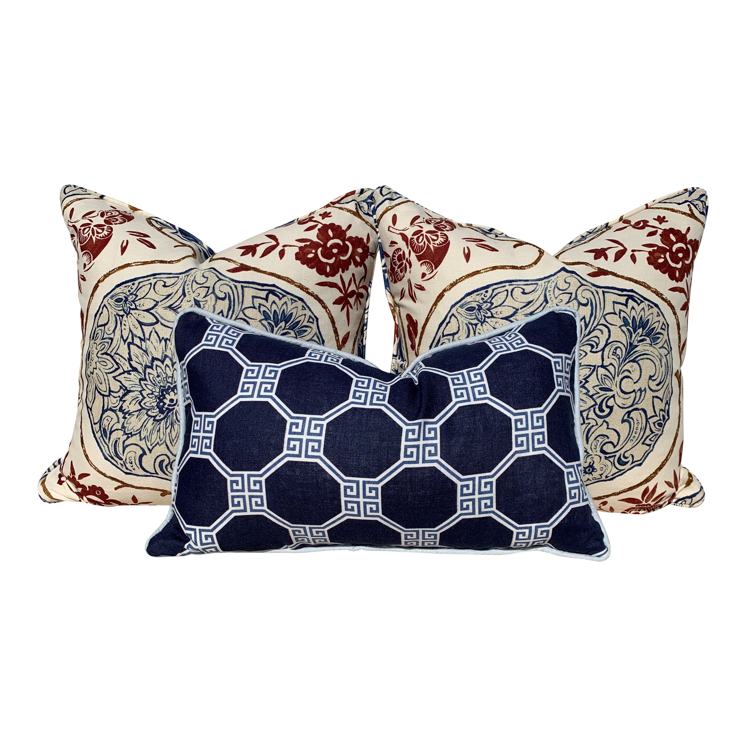 Schumacher Katsugi Pillow in Indigo and Cinnabar. Decorative Medallion Pillow, Navy. Designer Lumbar Pillow Accent Pillow Cover Toss throw