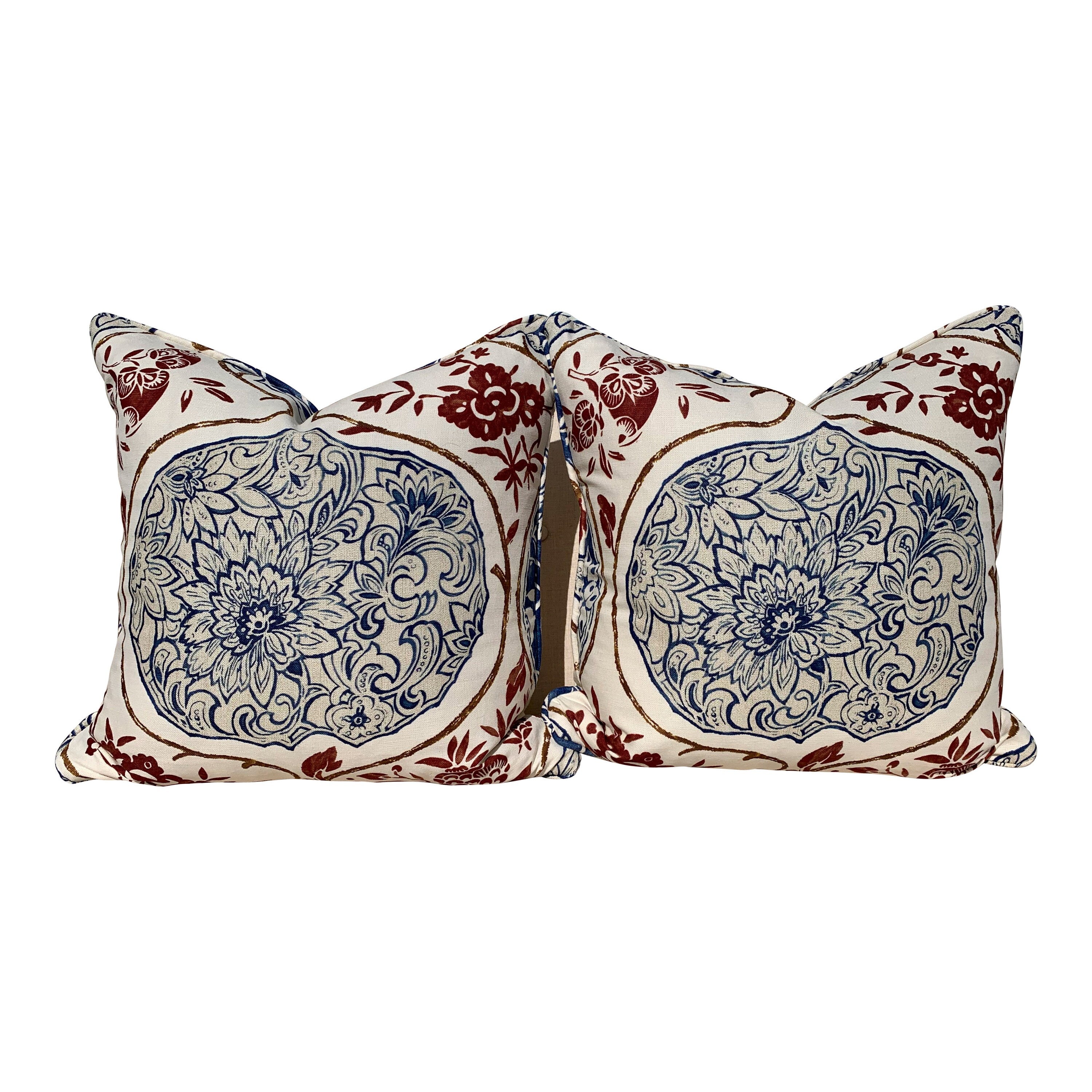 Schumacher Katsugi Pillow in Indigo and Cinnabar. Decorative Medallion Pillow, Navy. Designer Lumbar Pillow Accent Pillow Cover Toss throw