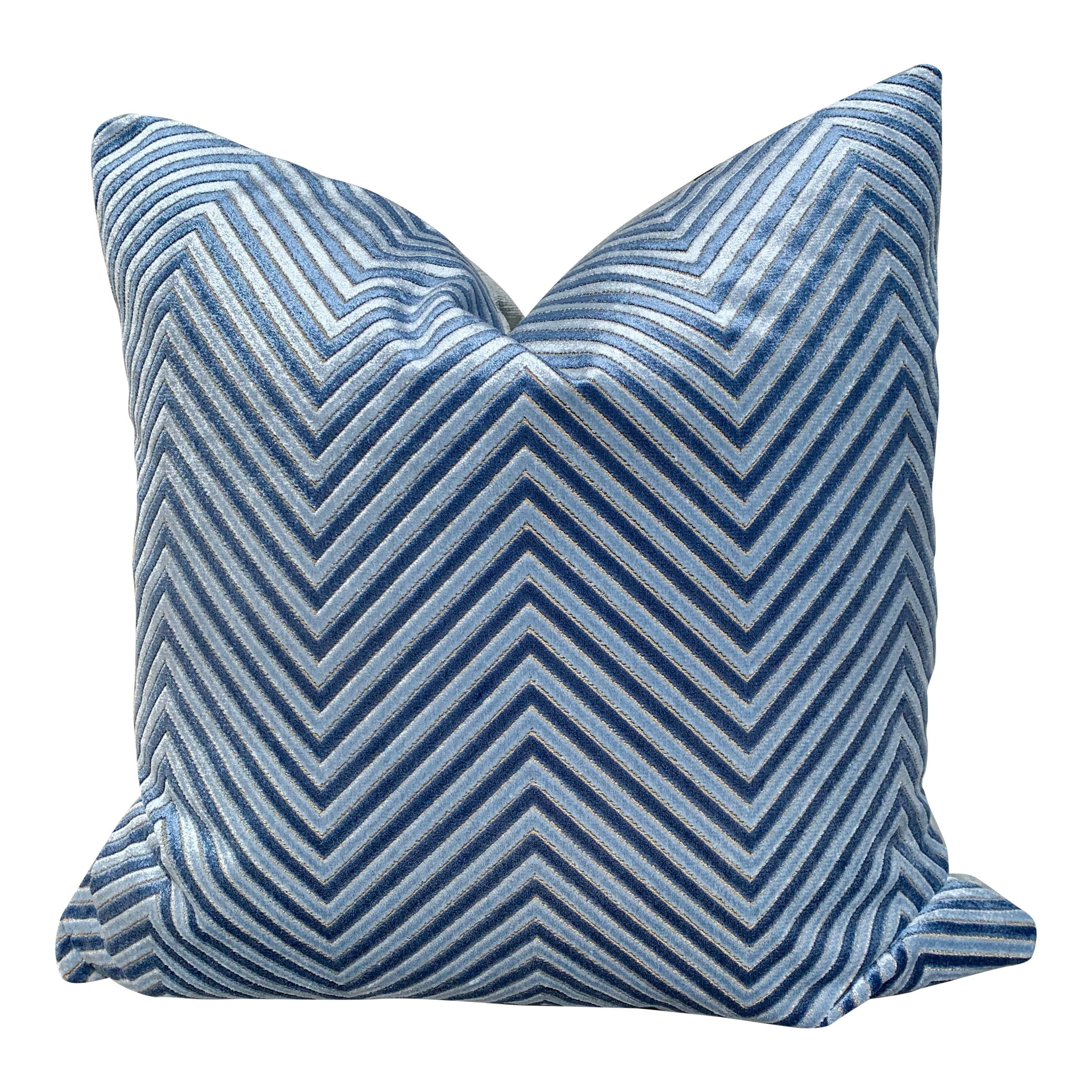 Chevron Velvet Pillow in Blue. Designer Zig Zag Velvet Pillow, Blue Chevron Pillow, Long Lumbar Pillow, Euro Sham Cushion, Geometric Throw