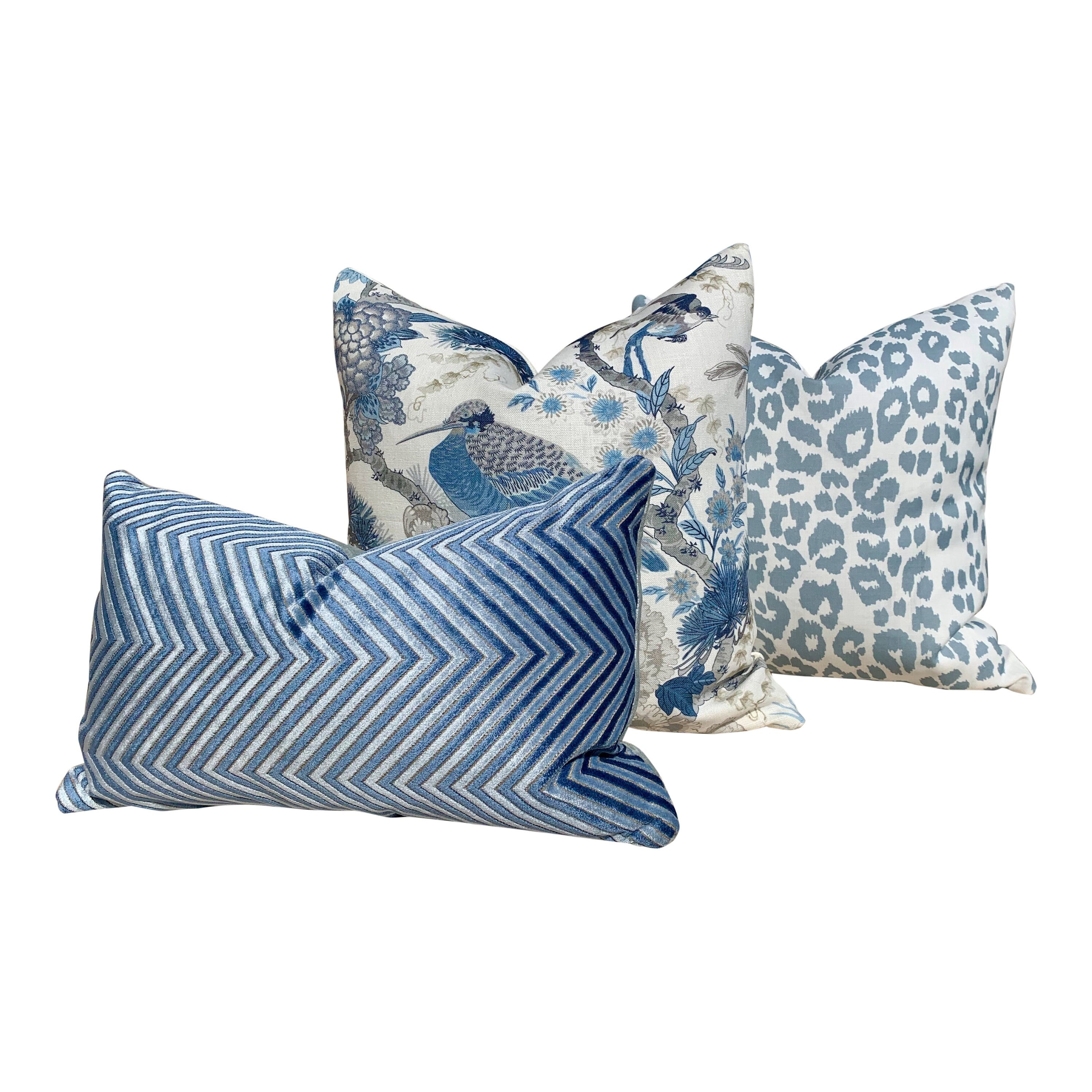 Chevron Velvet Pillow in Blue. Designer Zig Zag Velvet Pillow, Blue Chevron Pillow, Long Lumbar Pillow, Euro Sham Cushion, Geometric Throw