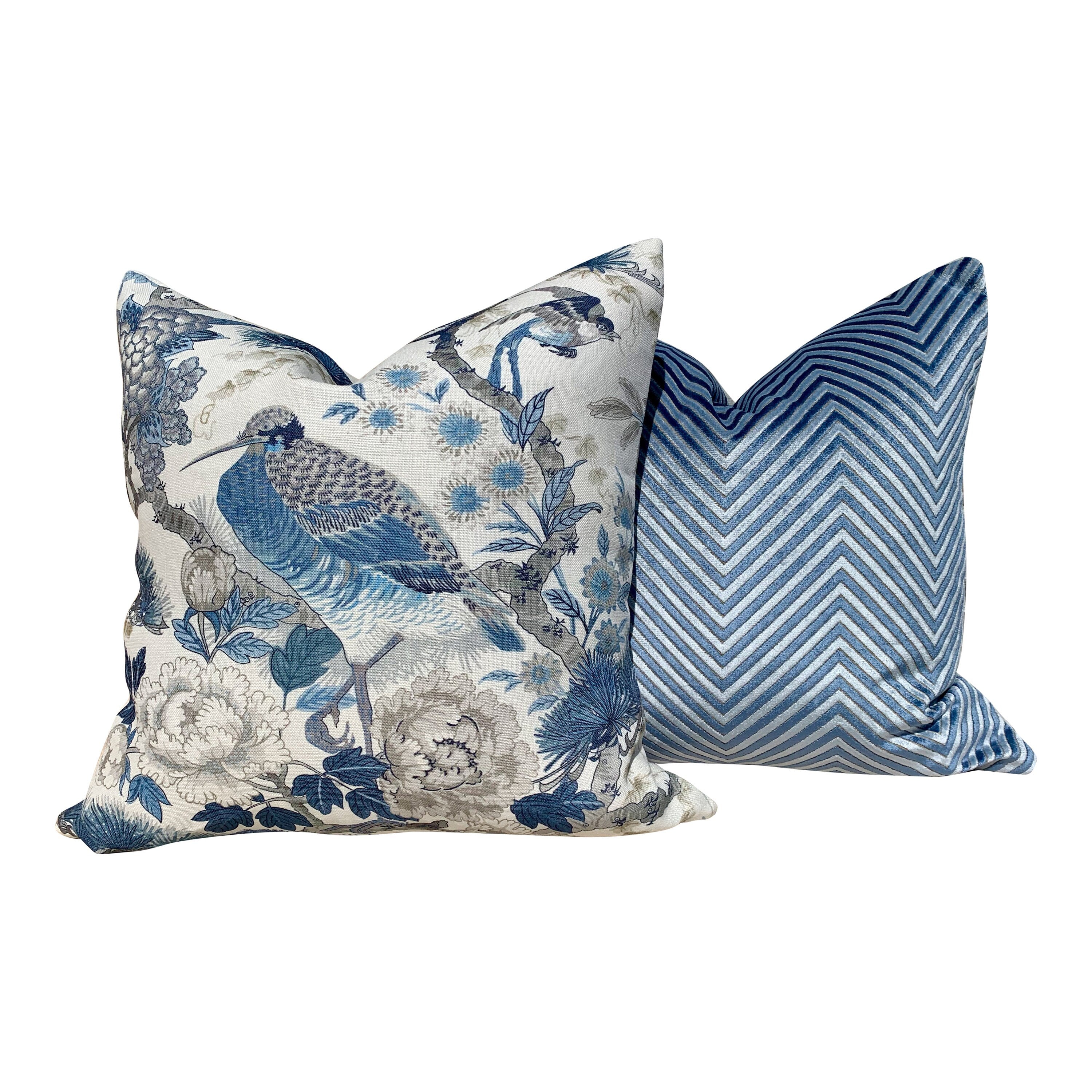 Chevron Velvet Pillow in Blue. Designer Zig Zag Velvet Pillow, Blue Chevron Pillow, Long Lumbar Pillow, Euro Sham Cushion, Geometric Throw