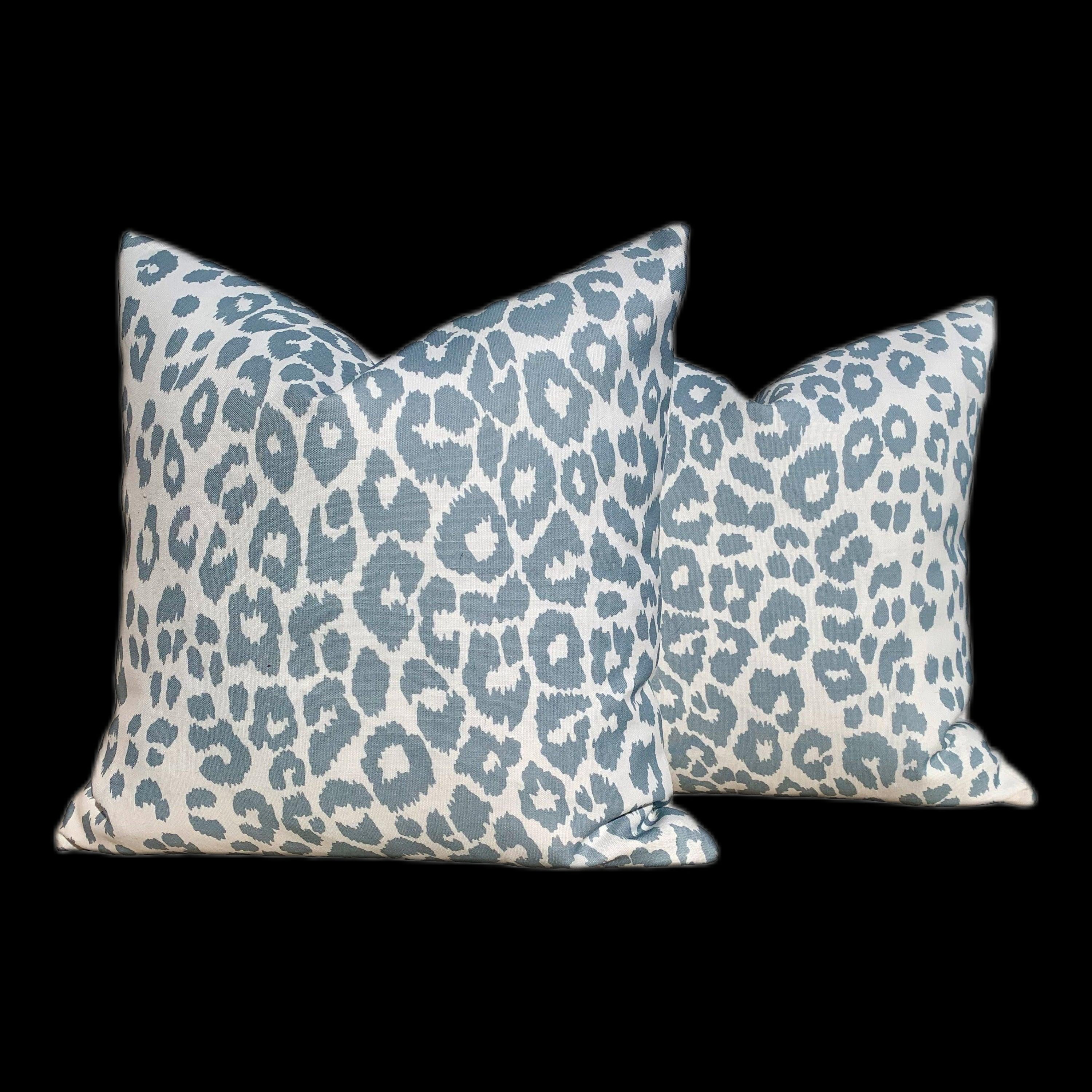 Indoor/Outdoor Schumacher Iconic Leopard Pillow Sky Blue. Outdoor Dust Blue Pillow. Decorative pillow, designer cover, performance pillow