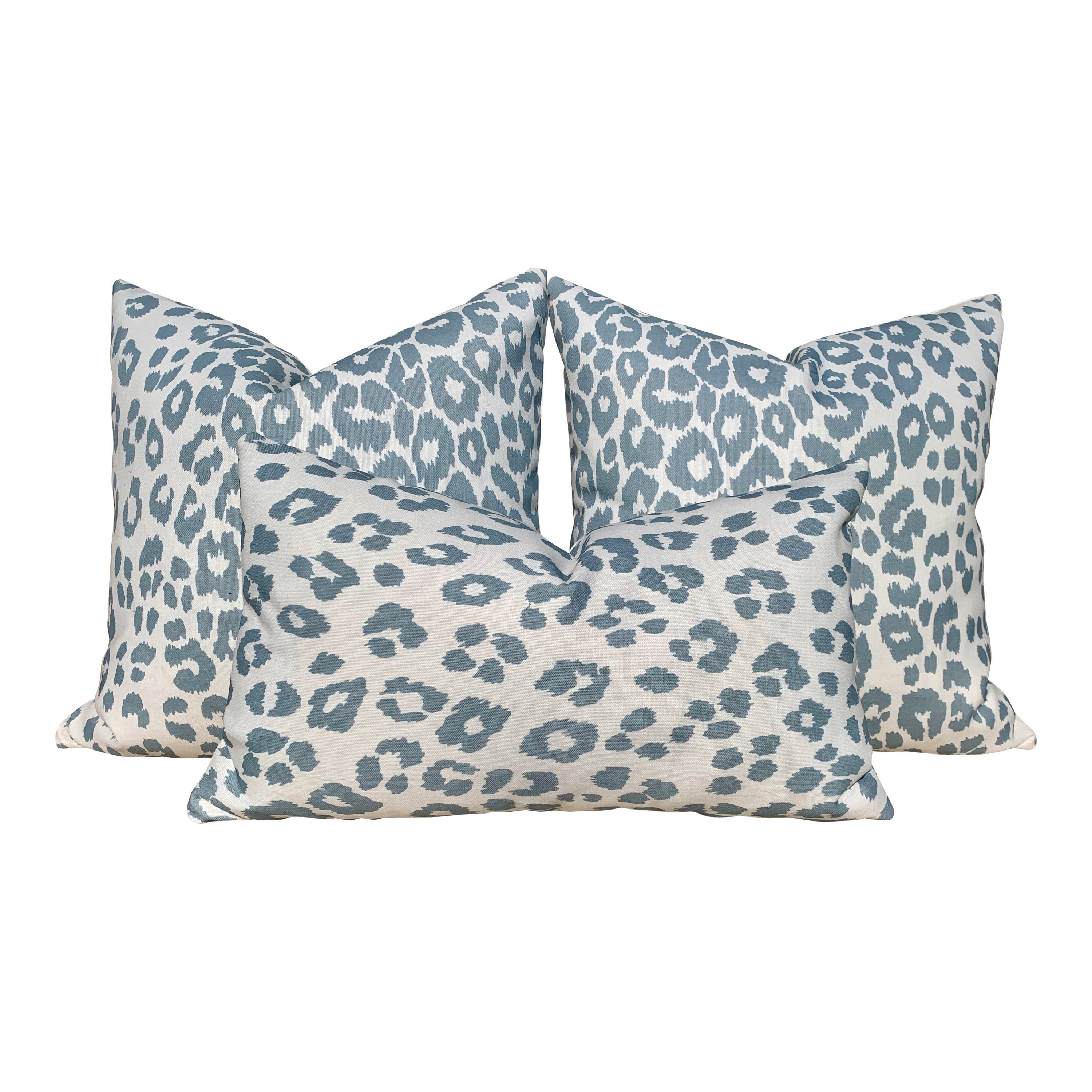 Indoor/Outdoor Schumacher Iconic Leopard Pillow Sky Blue. Outdoor Dust Blue Pillow. Decorative pillow, designer cover, performance pillow