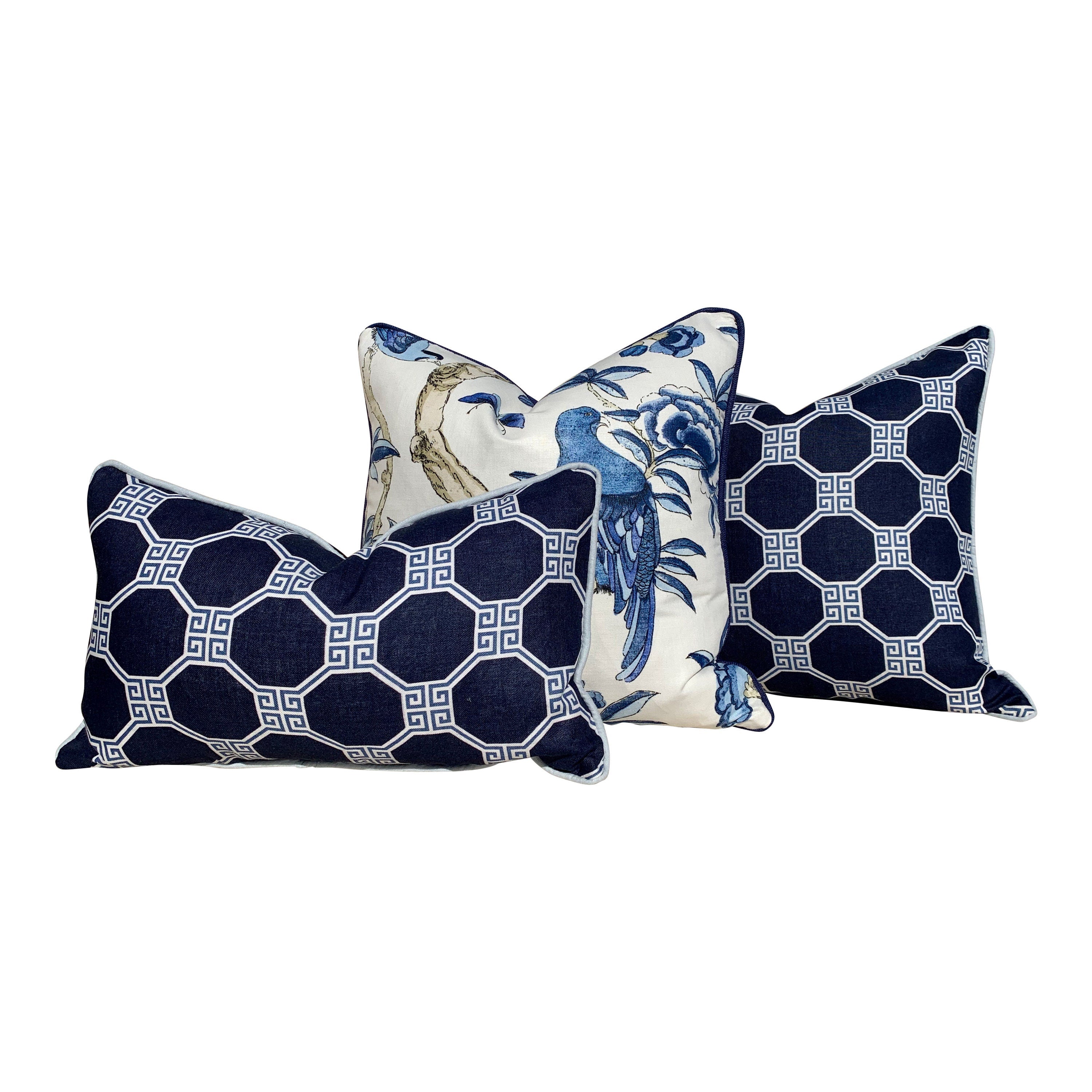 Thibaut Giselle Linen Pillow In Blue, Navy Pipping. Decorative Pillow Cover, Accent throw cushion, Designer Pillow, Lumbar throw pillow
