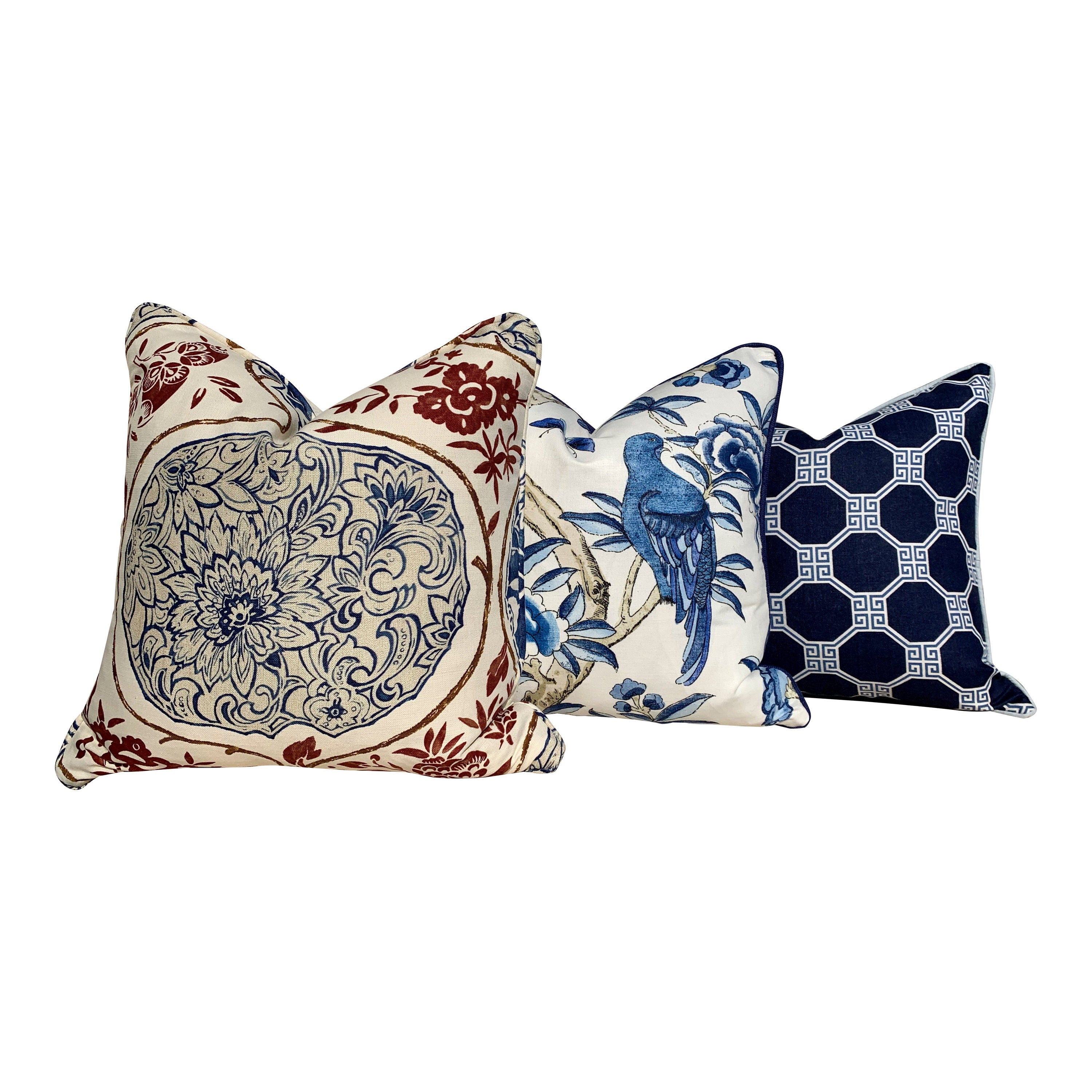 Thibaut Giselle Linen Pillow In Blue, Navy Pipping. Decorative Pillow Cover, Accent throw cushion, Designer Pillow, Lumbar throw pillow