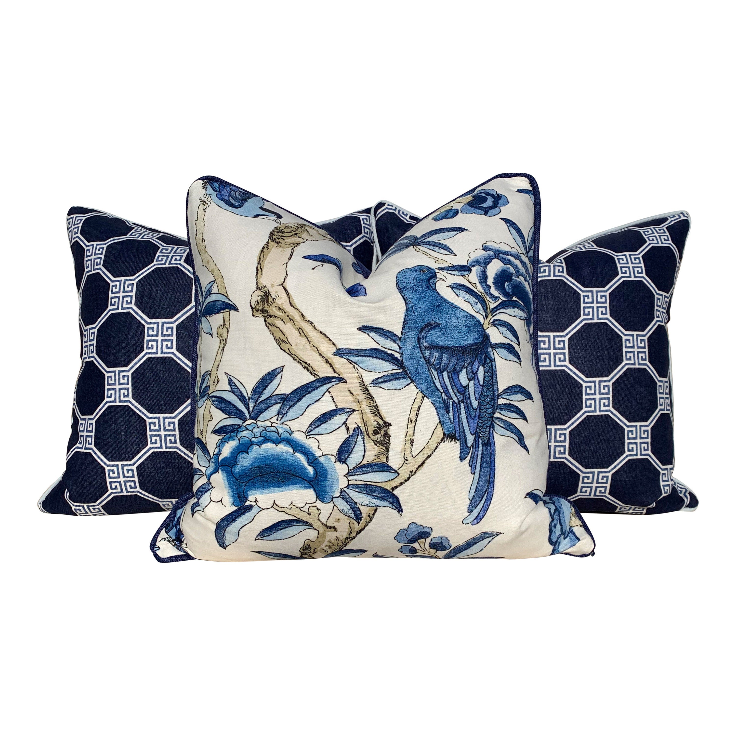 Thibaut Giselle Linen Pillow In Blue, Navy Pipping. Decorative Pillow Cover, Accent throw cushion, Designer Pillow, Lumbar throw pillow