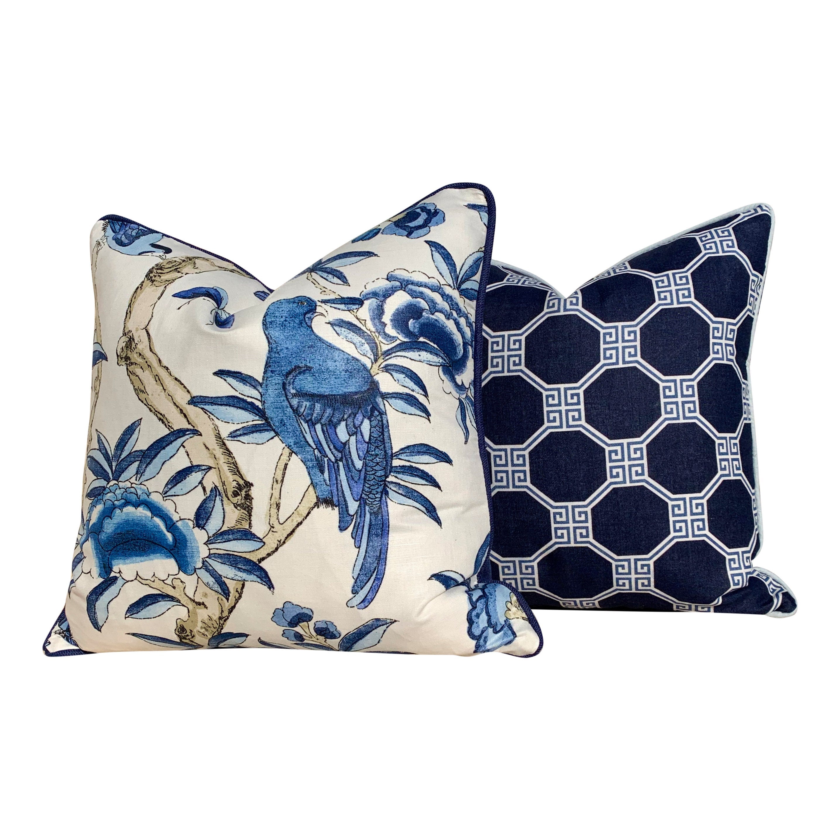 Thibaut Giselle Linen Pillow In Blue, Navy Pipping. Decorative Pillow Cover, Accent throw cushion, Designer Pillow, Lumbar throw pillow