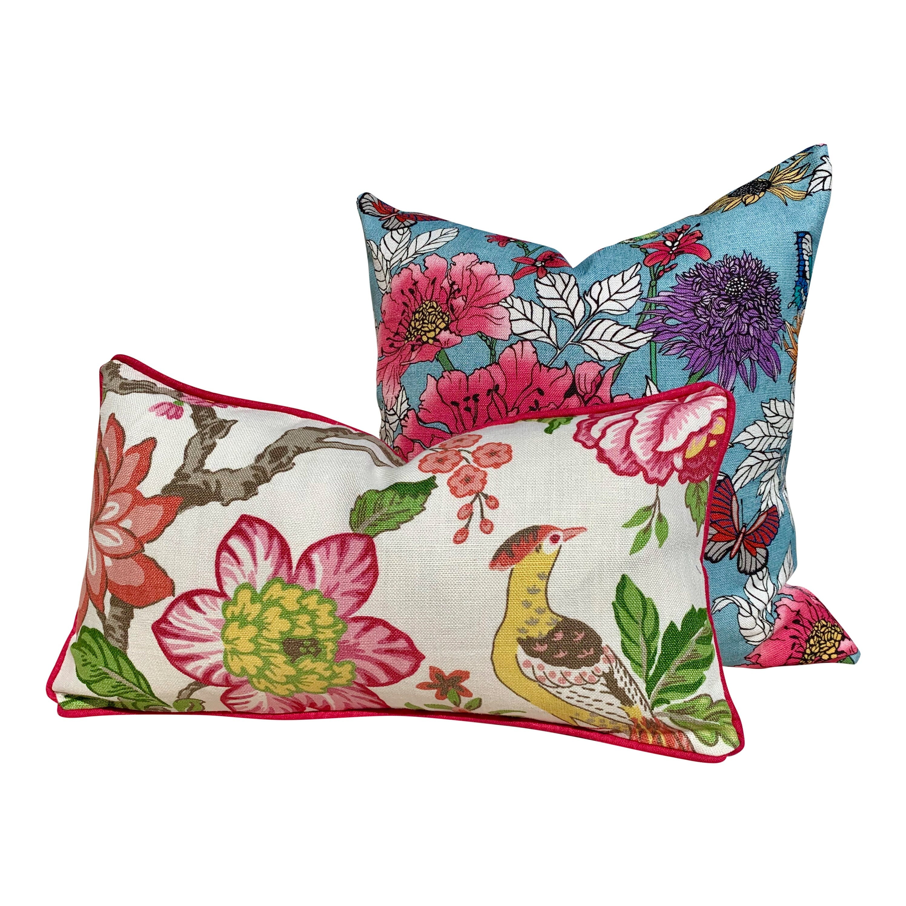 Designer Floral Pillow in Aqua Blue, Pink. Lumbar Floral Pillow. Designer pillows, accent cushion cover, decorative pillow in pink blue