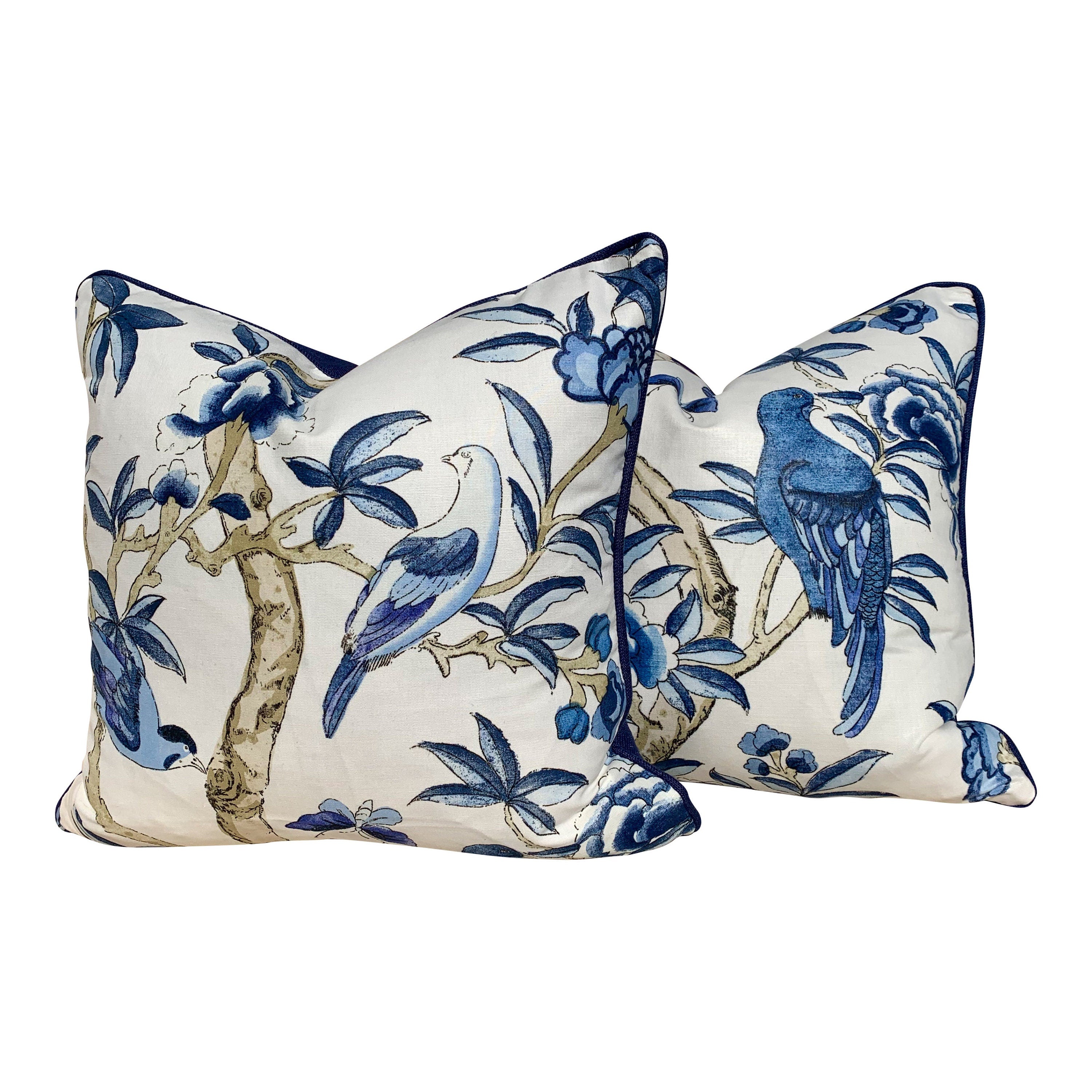 Thibaut Giselle Linen Pillow In Blue, Navy Pipping. Decorative Pillow Cover, Accent throw cushion, Designer Pillow, Lumbar throw pillow