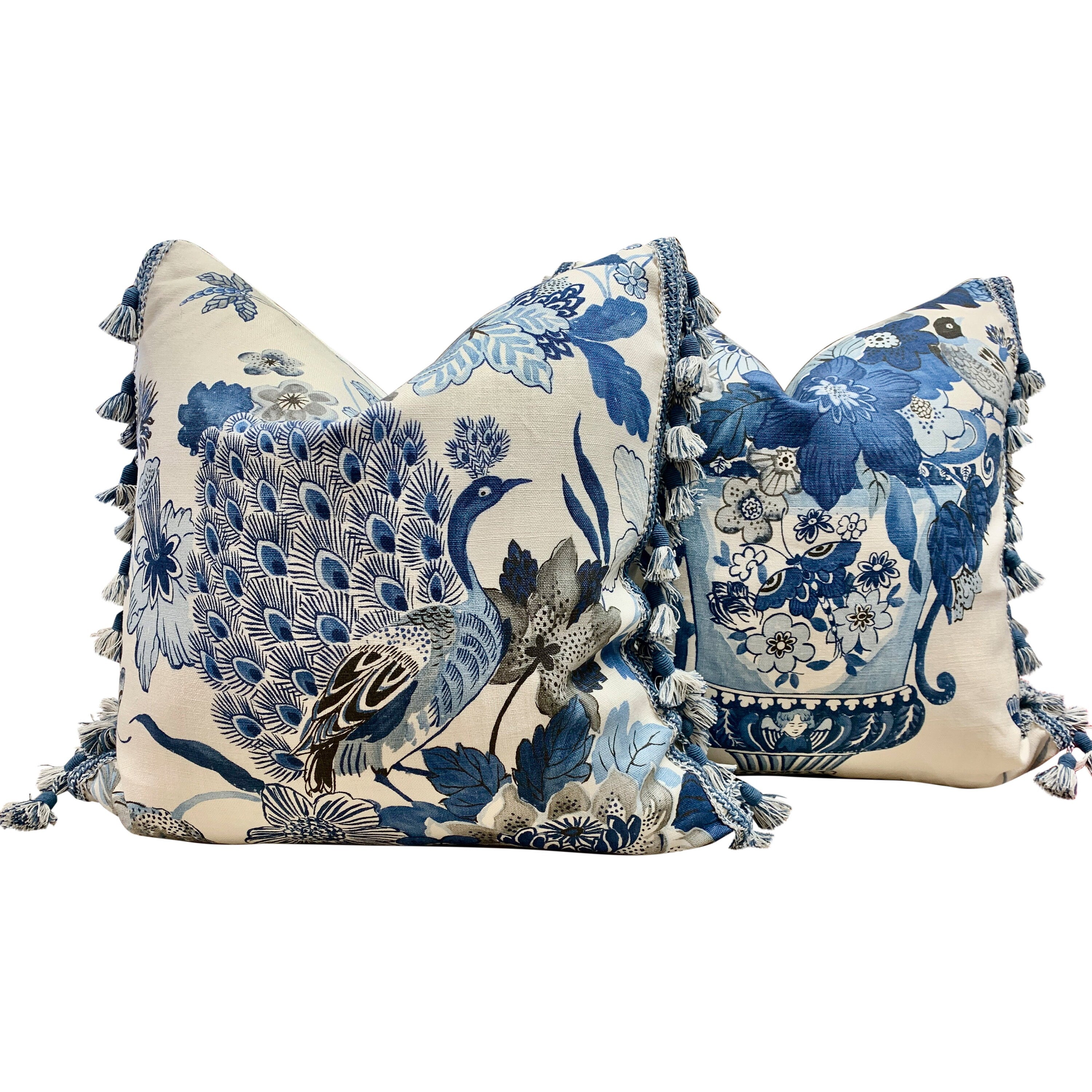 Schumacher Lansdale Bouquet Pillow Blue. Lumbar Decorative Pillow in Porcelain Blue and White, Designer high end floral pillow cover case