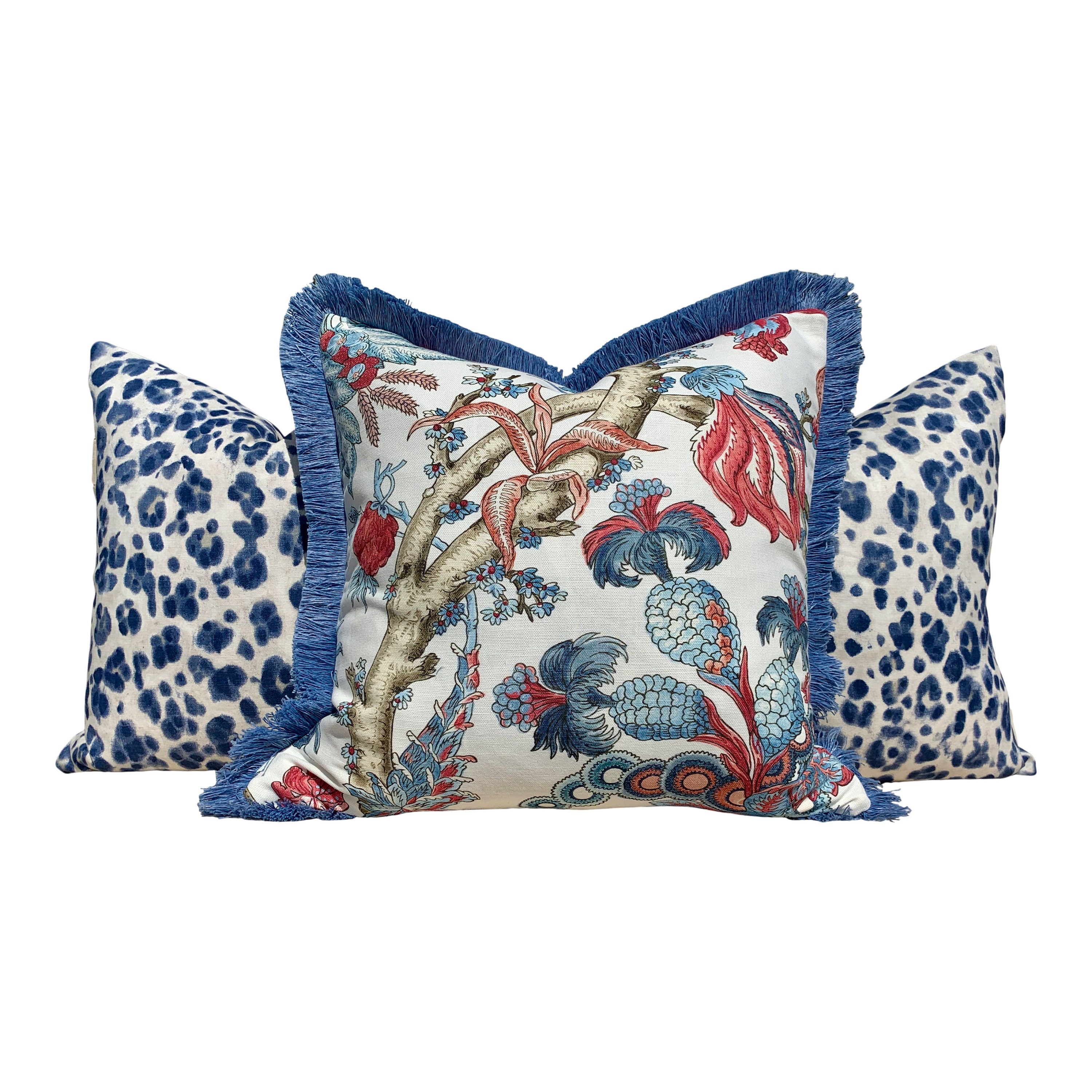 Thibaut Chatelain Pillow Cover in Blue and Red, Blue Brush Fringe. Designer Pillow Cover, Accent lumbar pillow