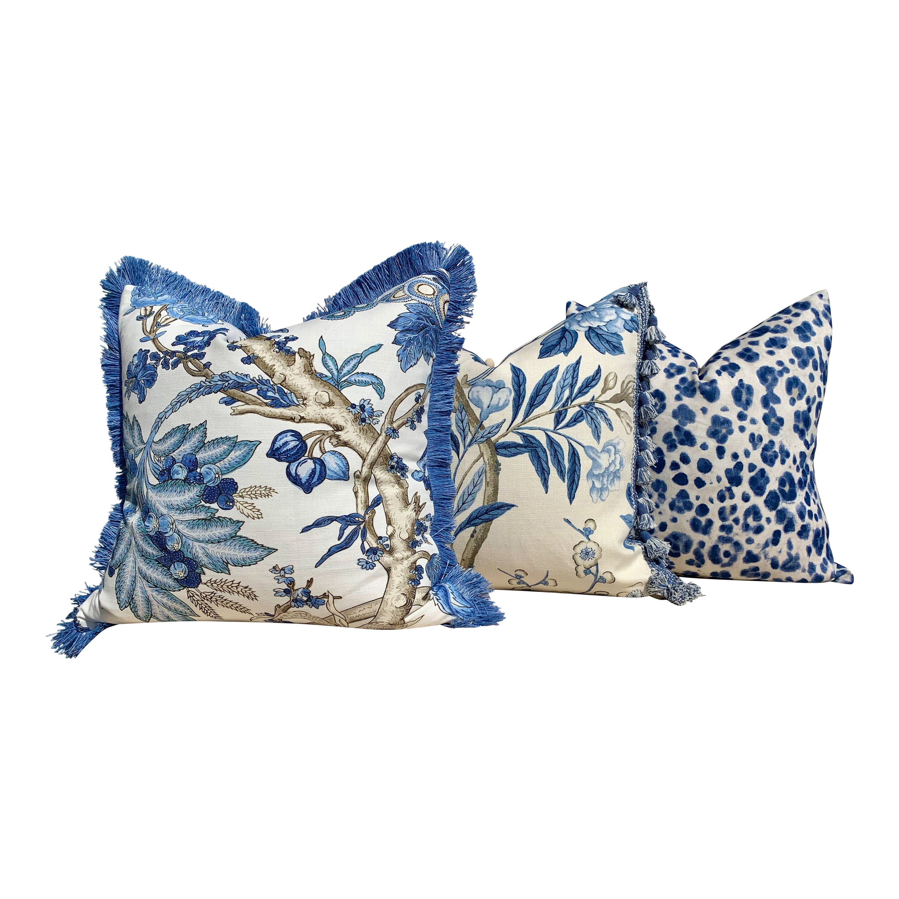 Emperors Garden Pillow, Blue Tassel Trim. Lumbar Decorative Pillow, Designer pillows, accent Chinoiserie cushion cover, Floral Blue Pillow,