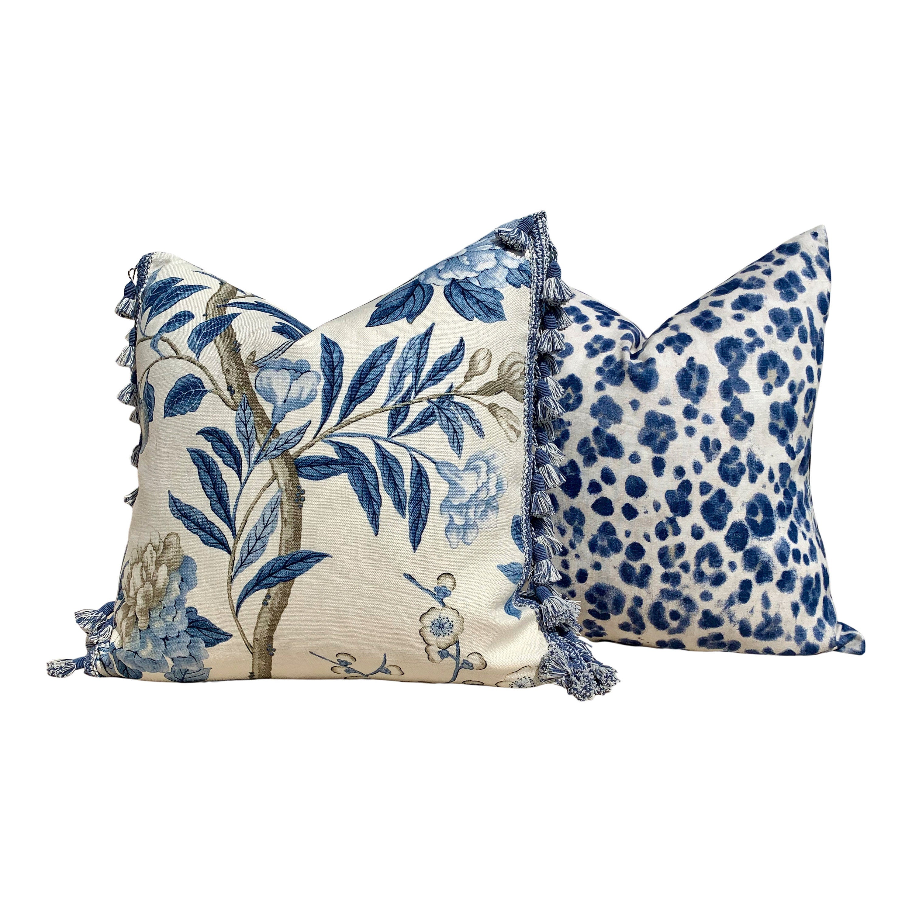 Emperors Garden Pillow, Blue Tassel Trim. Lumbar Decorative Pillow, Designer pillows, accent Chinoiserie cushion cover, Floral Blue Pillow,