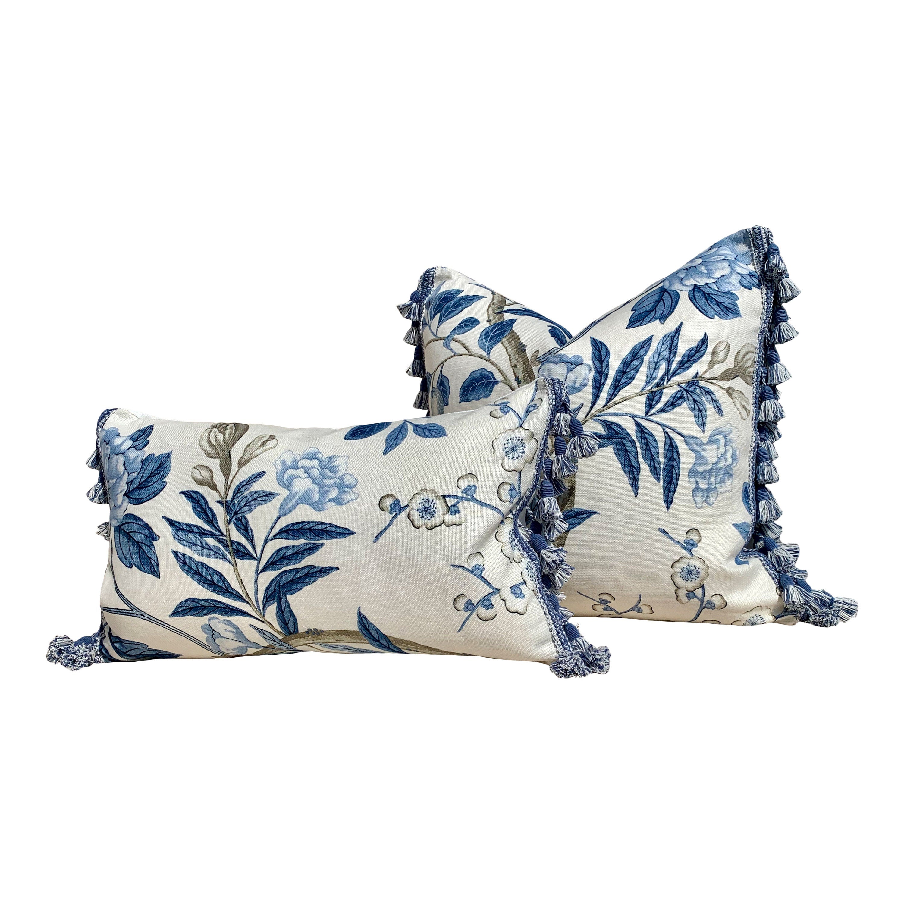 Emperors Garden Pillow, Blue Tassel Trim. Lumbar Decorative Pillow, Designer pillows, accent Chinoiserie cushion cover, Floral Blue Pillow,