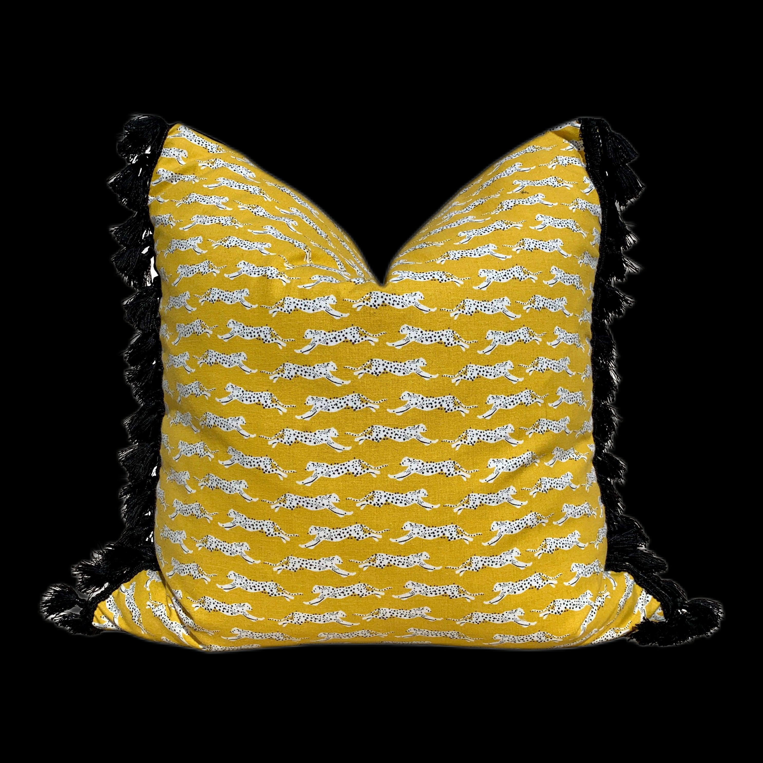 Schumacher Leaping Leopards Pillow in Yellow with Black Tassels. Designer pillows, accent cushion cover, decorative pillow, high end pillow