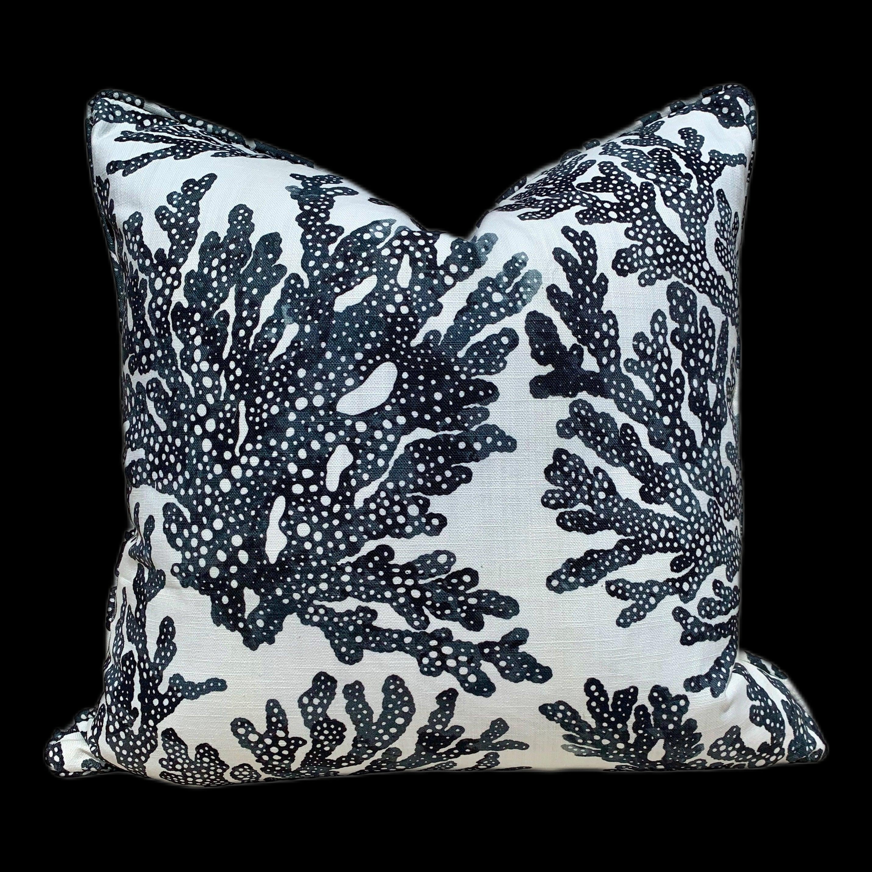 Thibaut Marine Coral Pillow in Charcoal. Lumbar Coastal Pillow. Designer Black and White Cushion Cover, Lumbar Pillow Throw with Pipping