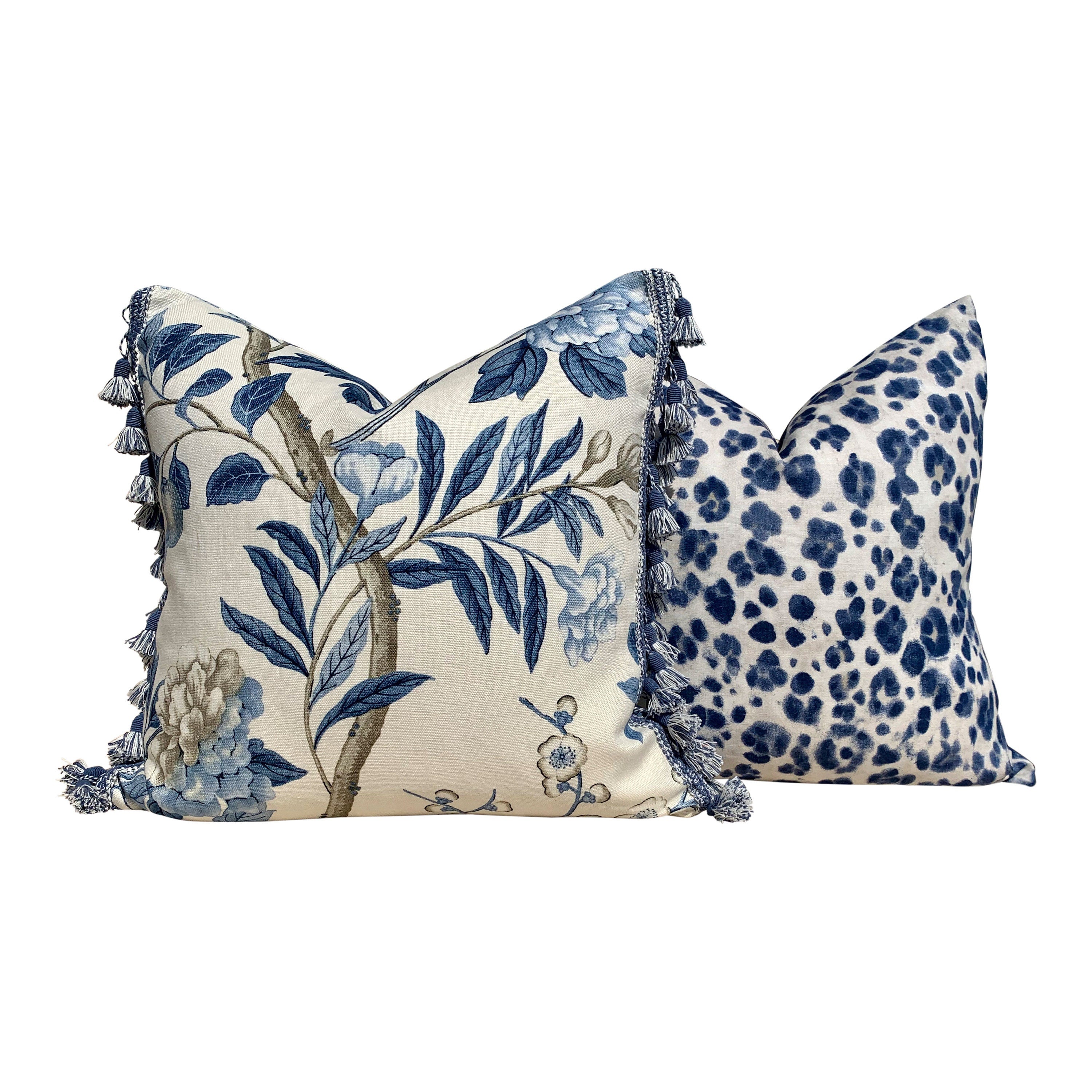 Emperors Garden Pillow, Blue Tassel Trim. Lumbar Decorative Pillow, Designer pillows, accent Chinoiserie cushion cover, Floral Blue Pillow,