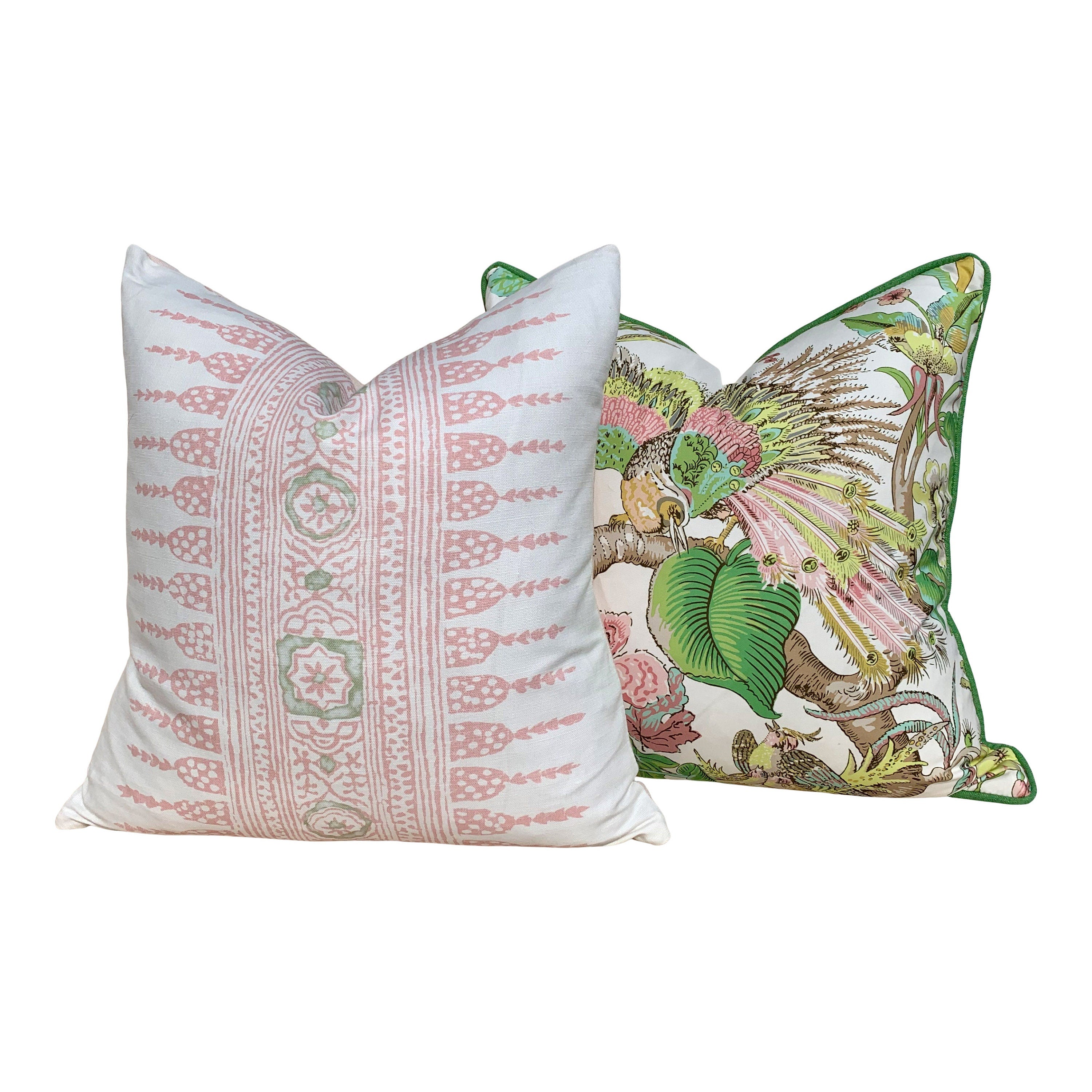 Schumacher Cranley Garden Green Pillow. Chinoiserie Green Pillow, Green Pink Pillow, Euro sham Cushion, Exotic Bird Accent Cushion Cover