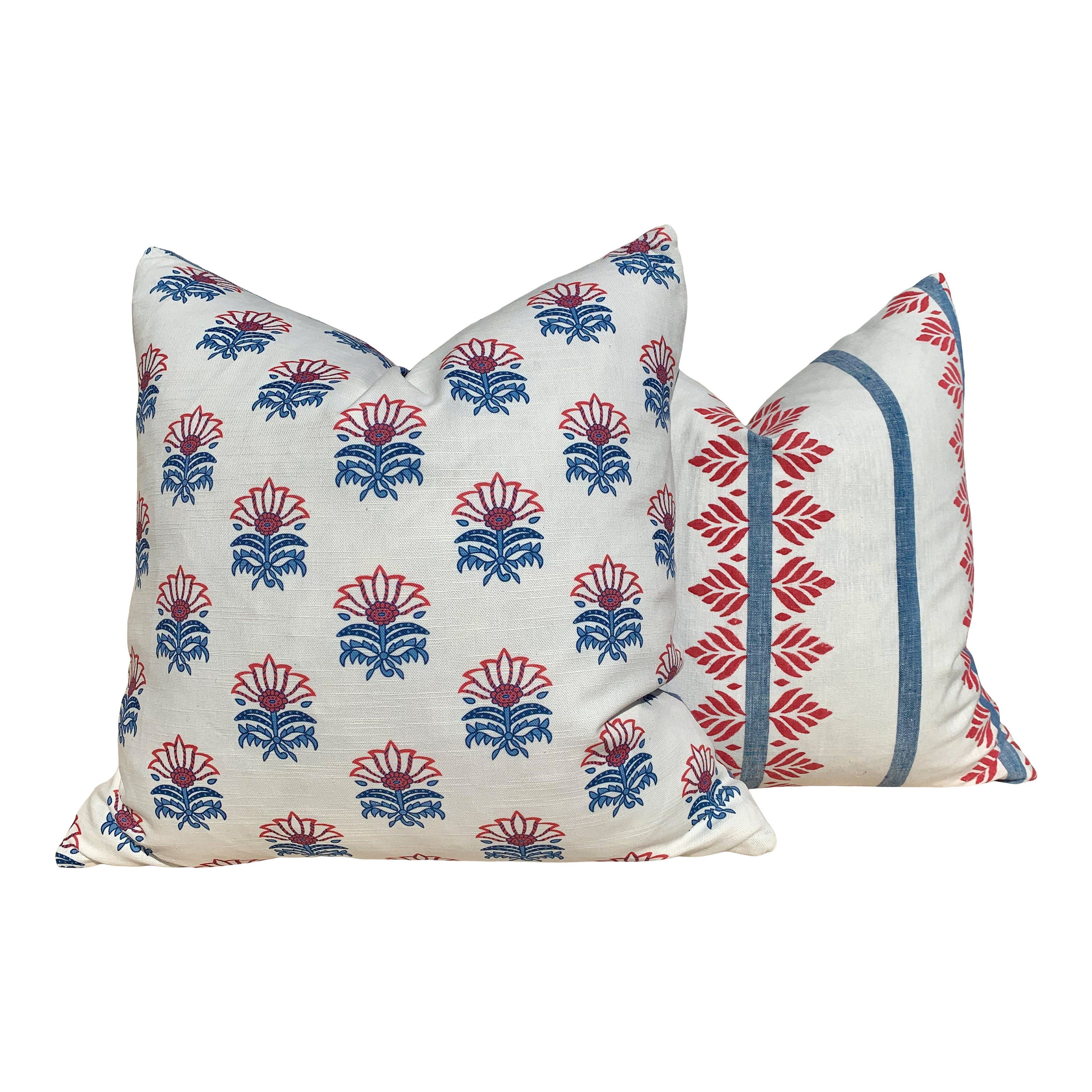 Designer Milford Pillow Red Blue. Floral Pillow Cover // Red Lumbar Pillow // Euro Sham Pillow 26"X26" // Medallion Pillow
