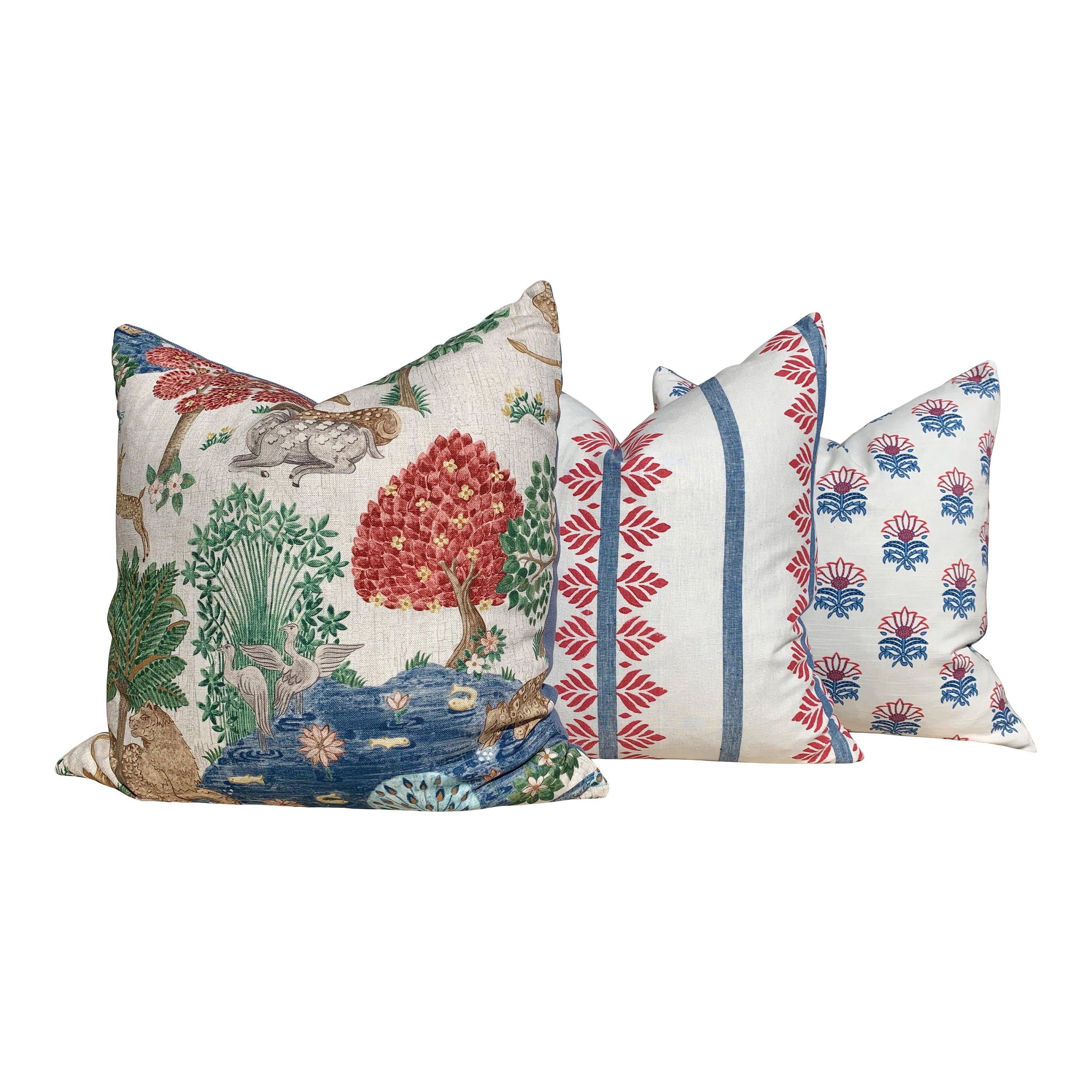 Designer Milford Pillow Red Blue. Floral Pillow Cover // Red Lumbar Pillow // Euro Sham Pillow 26"X26" // Medallion Pillow