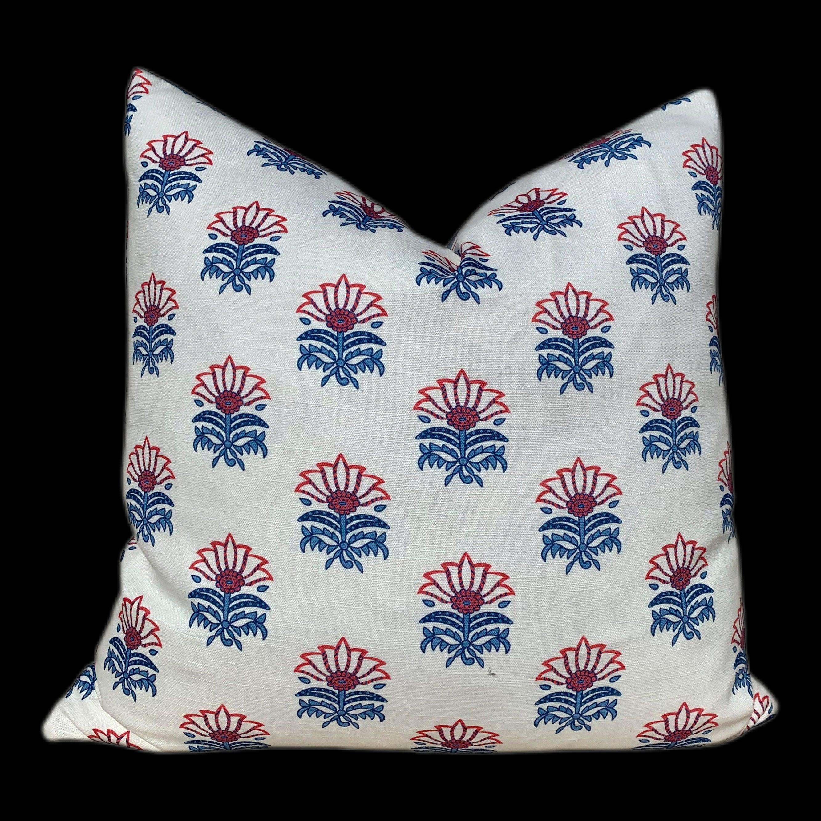 Designer Milford Pillow Red Blue. Floral Pillow Cover // Red Lumbar Pillow // Euro Sham Pillow 26"X26" // Medallion Pillow
