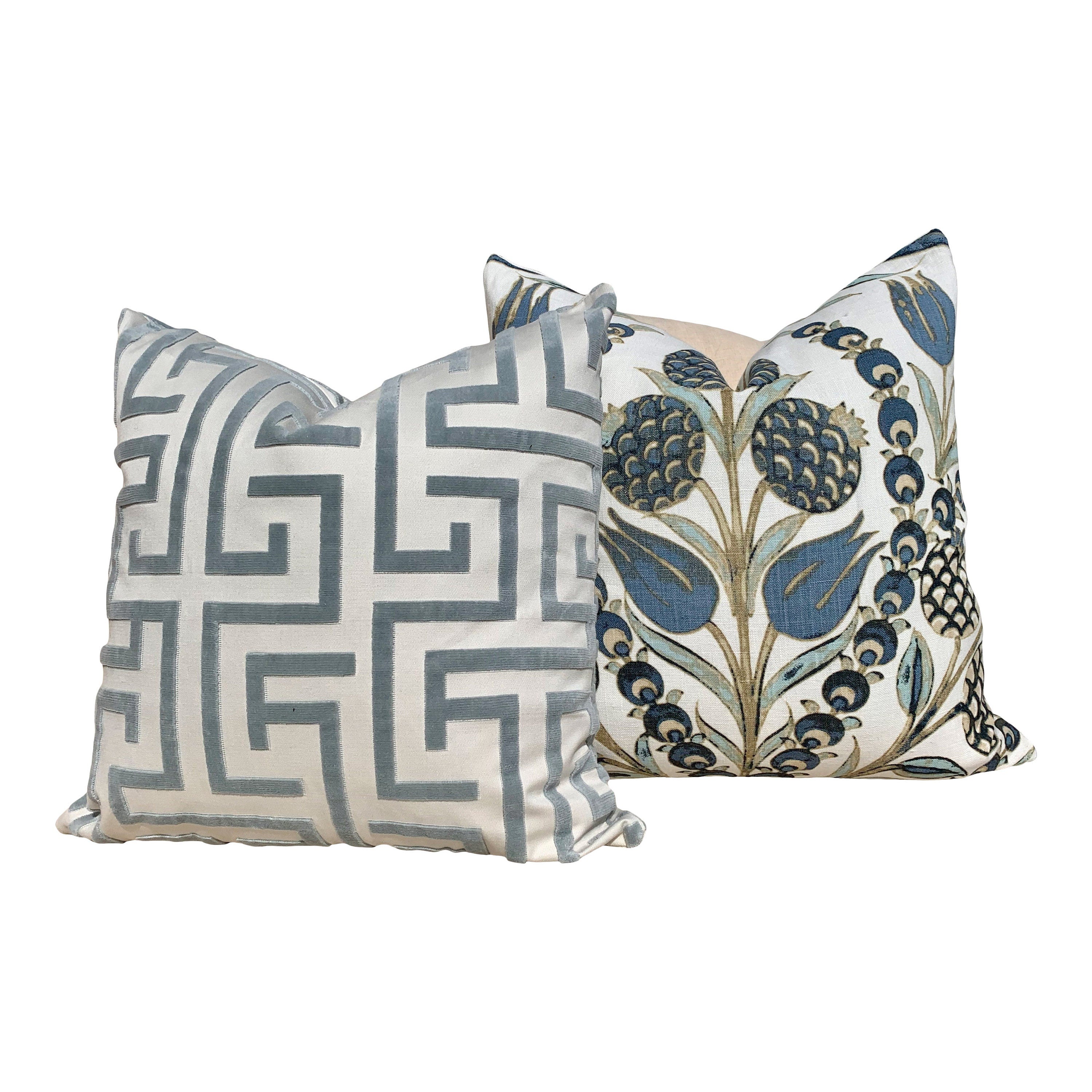 Designer Ming Trail Pillow Aqua Blue. Trellis Decorative Pillow, Velvet Lumbar Pillow, Icy Blue Long Lumbar Pillow, Euro Sham, Round Bolster
