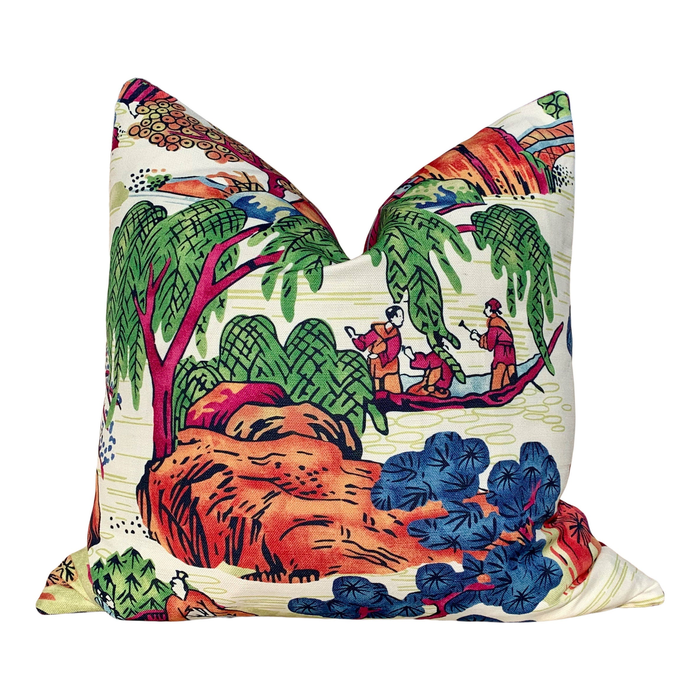 Asian Scenic Pillow Burnt Orange. Chinoiserie Pillow, Asian Lumbar Pillow, Pagoda Pillow in Berry and Green, Tea House Orange Green Pillow