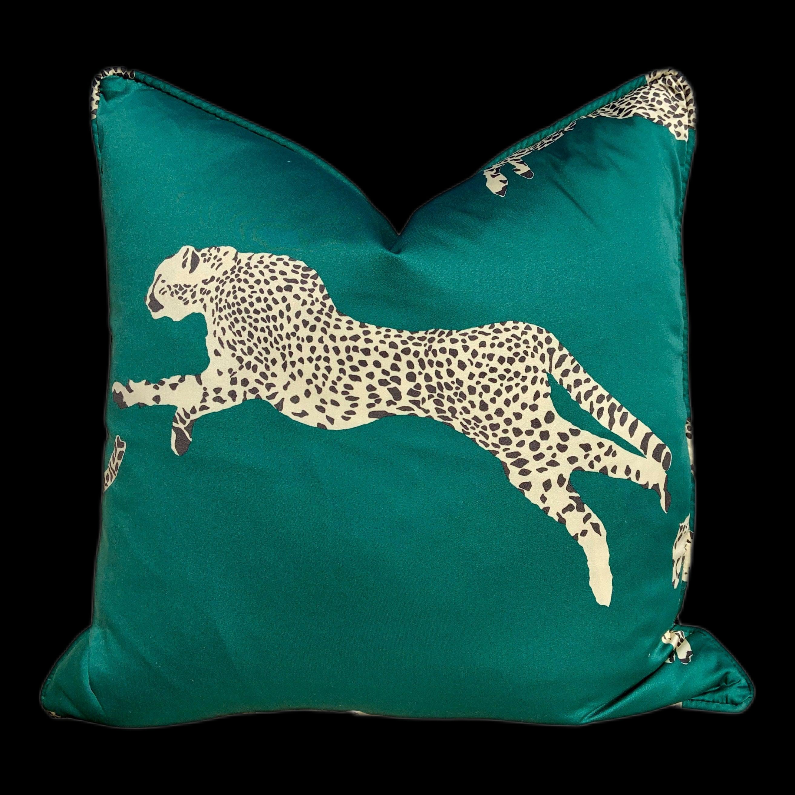 Leaping Cheetah Evergreen Pillow. Designer Throw Pillow, Emerald Pillow Cover, Exotic Green Pillow, Decorative Lumbar Pillow, Accent  Pillow