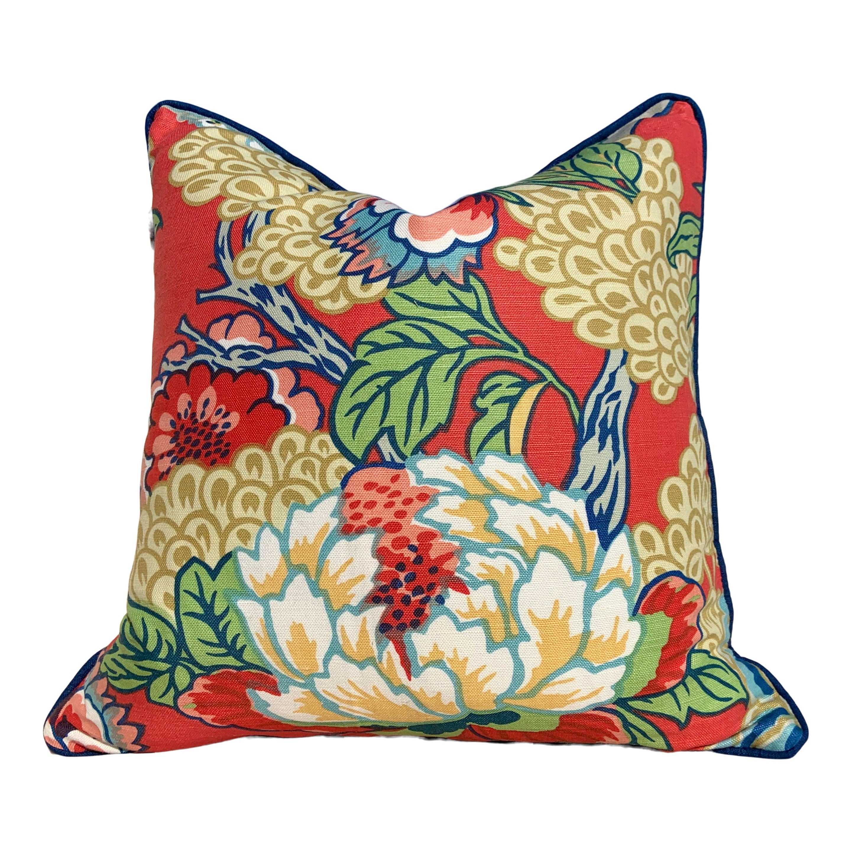 Thibaut Honshu Pillow in Coral. Chinoiserie PillowCover, Lumbar Red Green Pillow, Euro Sham Pillow, Floral Bedding Pillow Decor