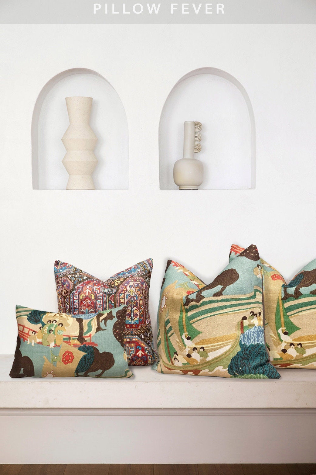 Schumacher Pearl River Linen Pillow in Jade. Designer Tan Aqua Pillow // Lumbar Linen Pillow // Chinoiserie Pillow Cover //