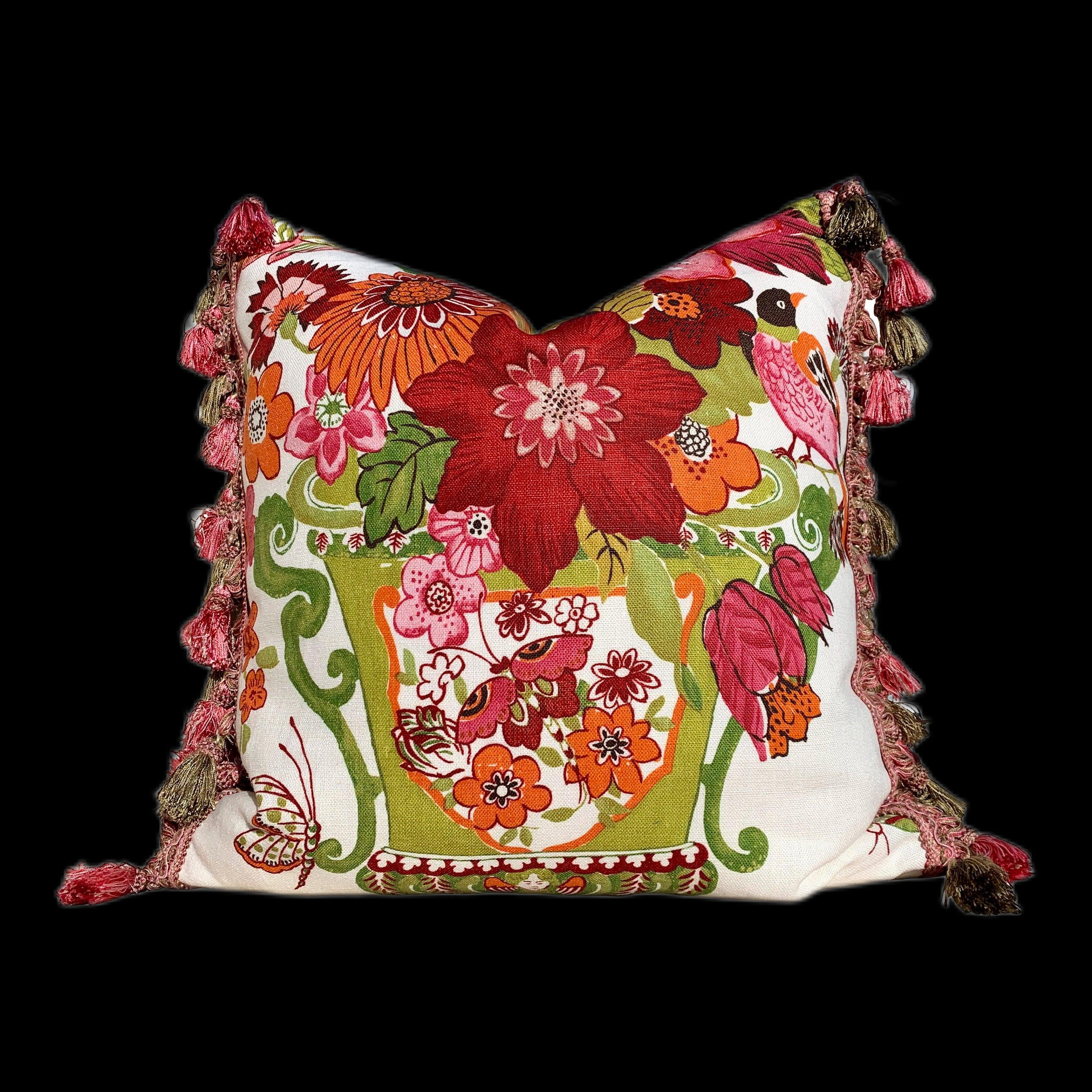 Lansdale Bouquet Pillow Red, Green and Pink. Lumbar Decorative Pillow, Designer pillows, accent cushion cover, high end pillow cover
