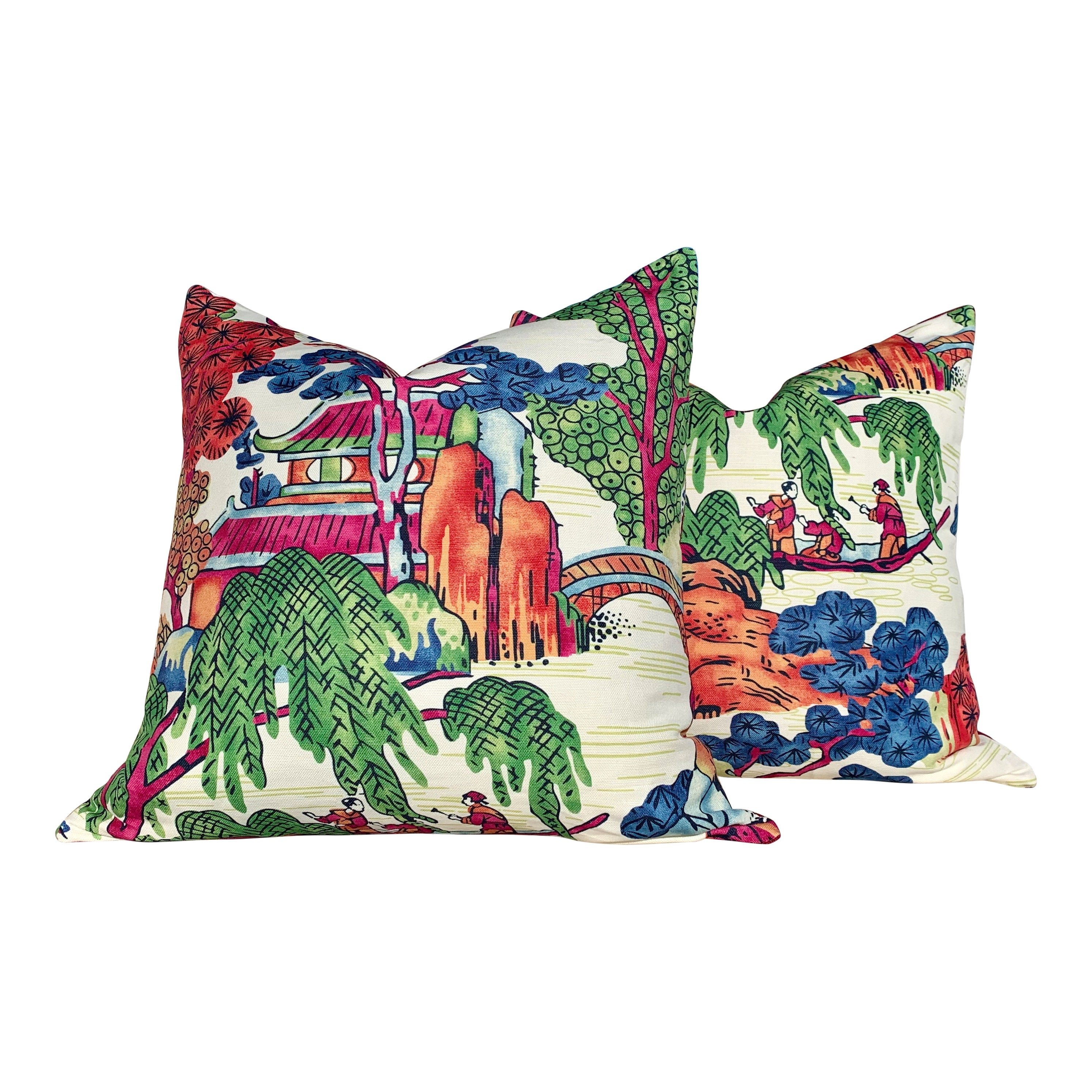 Asian Scenic Pillow Burnt Orange. Chinoiserie Pillow, Asian Lumbar Pillow, Pagoda Pillow in Berry and Green, Tea House Orange Green Pillow