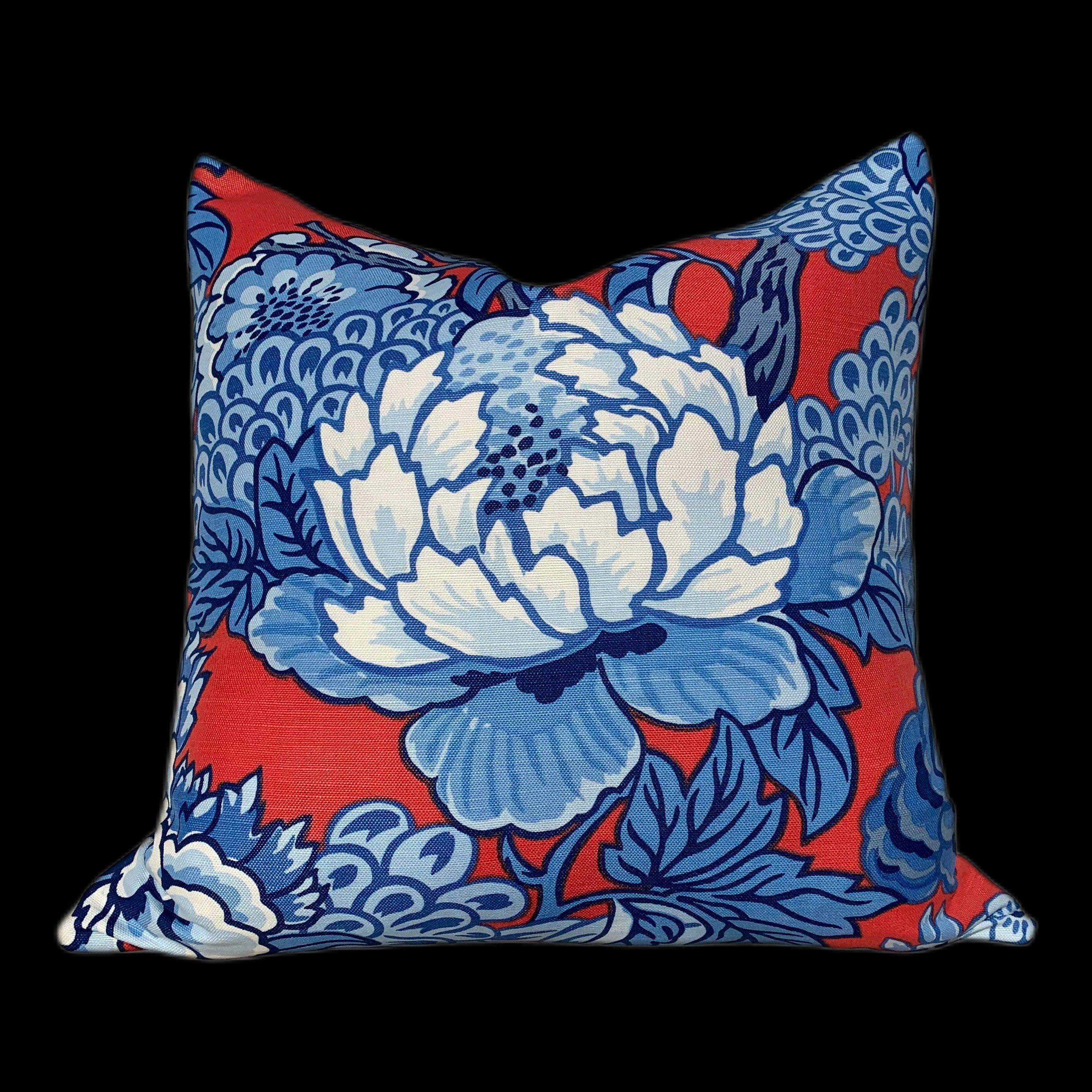 Thibaut Honshu Pillow in Blue and Red. Chinoiserie Floral Pillow, Accent Pillow cover, High End Cushion, Euro Sham, Designer Throw Pillow
