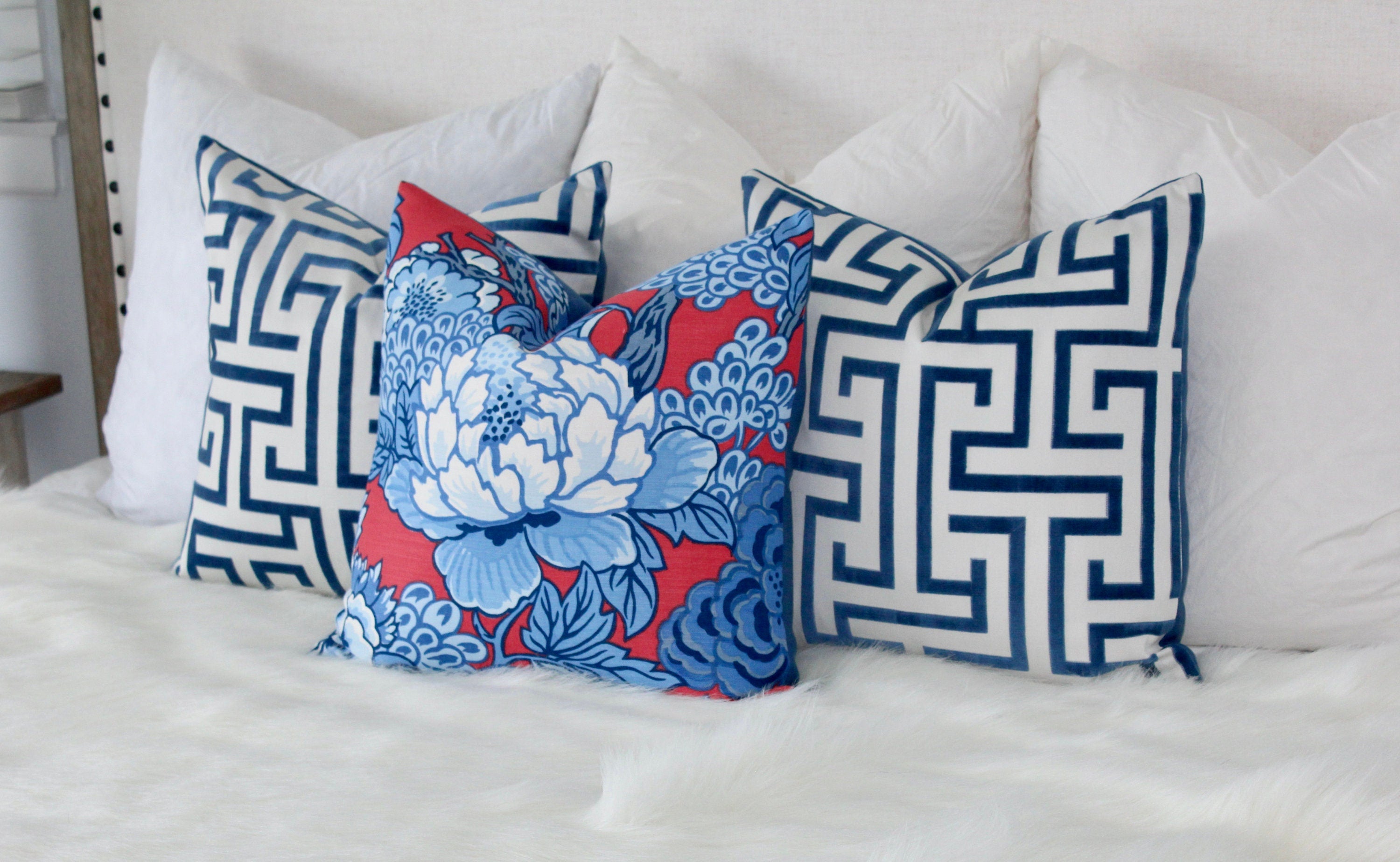 Thibaut Honshu Pillow in Blue and Red. Chinoiserie Floral Pillow, Accent Pillow cover, High End Cushion, Euro Sham, Designer Throw Pillow