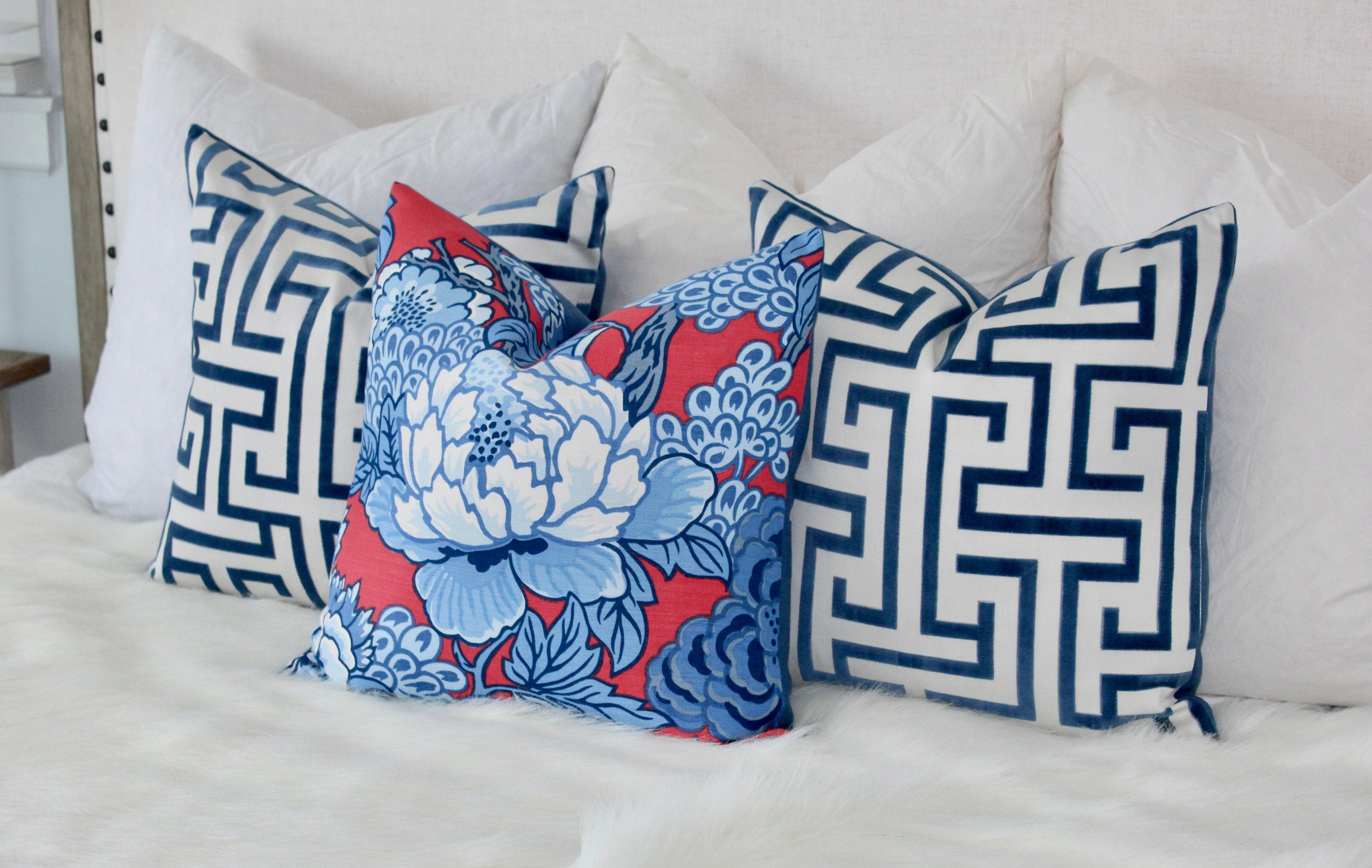 Thibaut Honshu Pillow in Blue and Red. Chinoiserie Floral Pillow, Accent Pillow cover, High End Cushion, Euro Sham, Designer Throw Pillow
