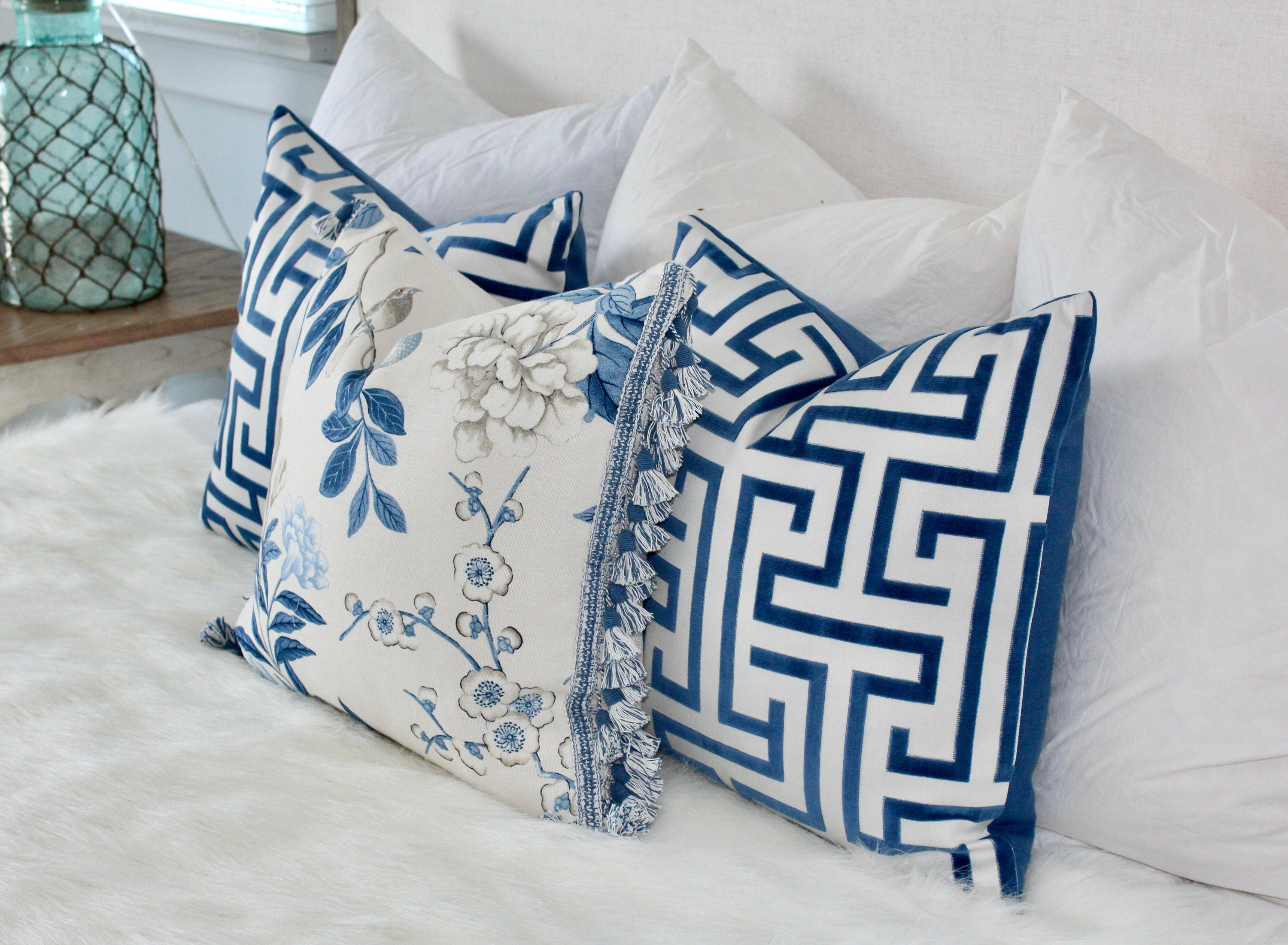 Emperors Garden Pillow, Blue Tassel Trim. Lumbar Decorative Pillow, Designer pillows, accent Chinoiserie cushion cover, Floral Blue Pillow,