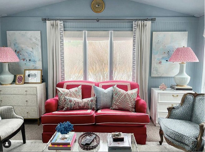 Thibaut Palampore Pillow in Red and Blue. Palm Leaf Pillow Cover, Medallion Cushion, Chinoiserie Accent Pillow, Bedding Pillow Decor