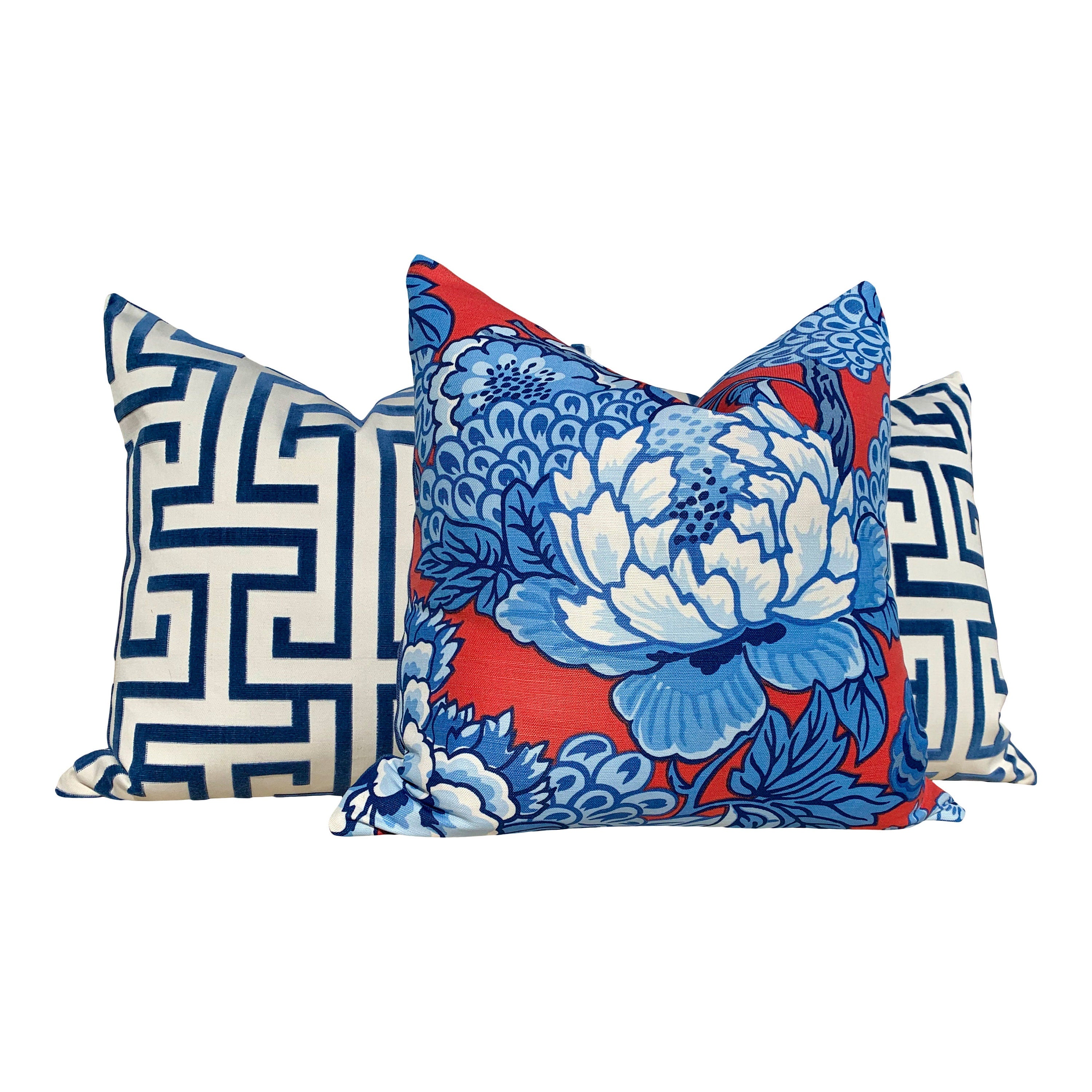 Thibaut Honshu Pillow in Blue and Red. Chinoiserie Floral Pillow, Accent Pillow cover, High End Cushion, Euro Sham, Designer Throw Pillow