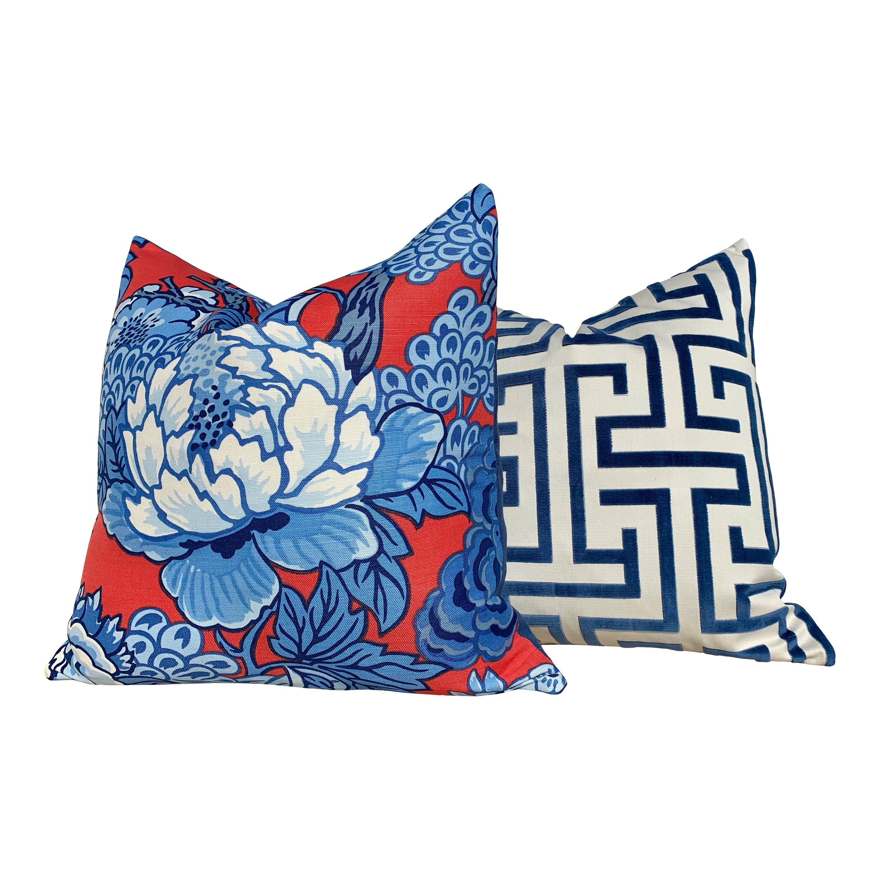 Thibaut Honshu Pillow in Blue and Red. Chinoiserie Floral Pillow, Accent Pillow cover, High End Cushion, Euro Sham, Designer Throw Pillow