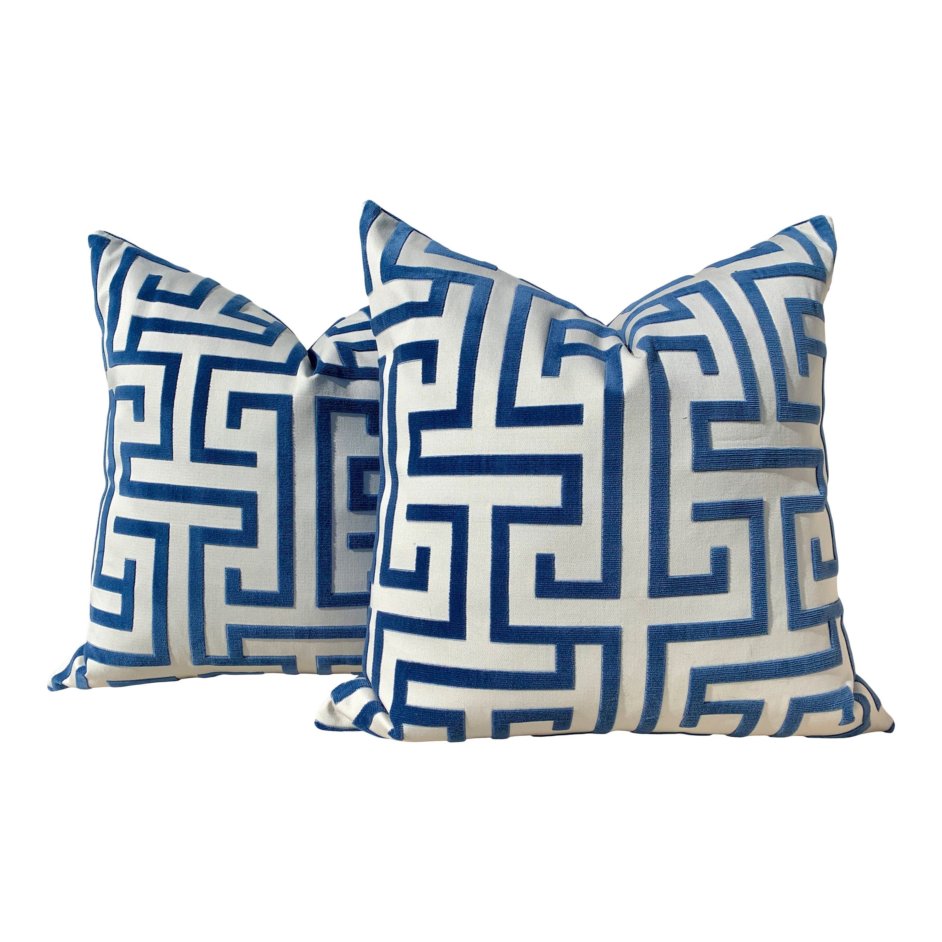 Ming Trail Pillow Ocean Blue. Lumbar Pillow, Chinoiserie Pillow, Blue and White Pillows, Velvet Bolster, Trellis Blue Pillow, Greek Key maze