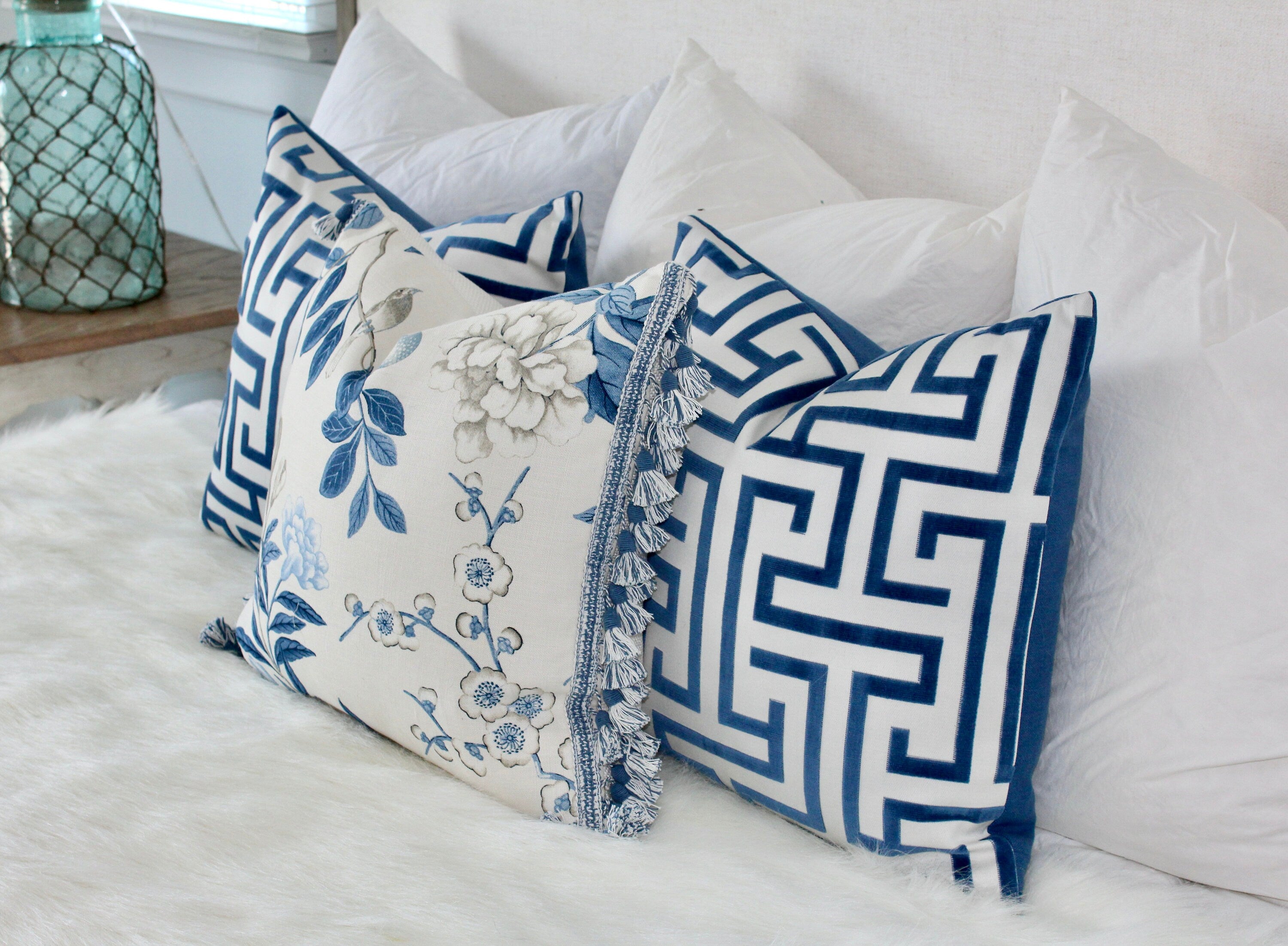 Ming Trail Pillow Ocean Blue. Lumbar Pillow, Chinoiserie Pillow, Blue and White Pillows, Velvet Bolster, Trellis Blue Pillow, Greek Key maze