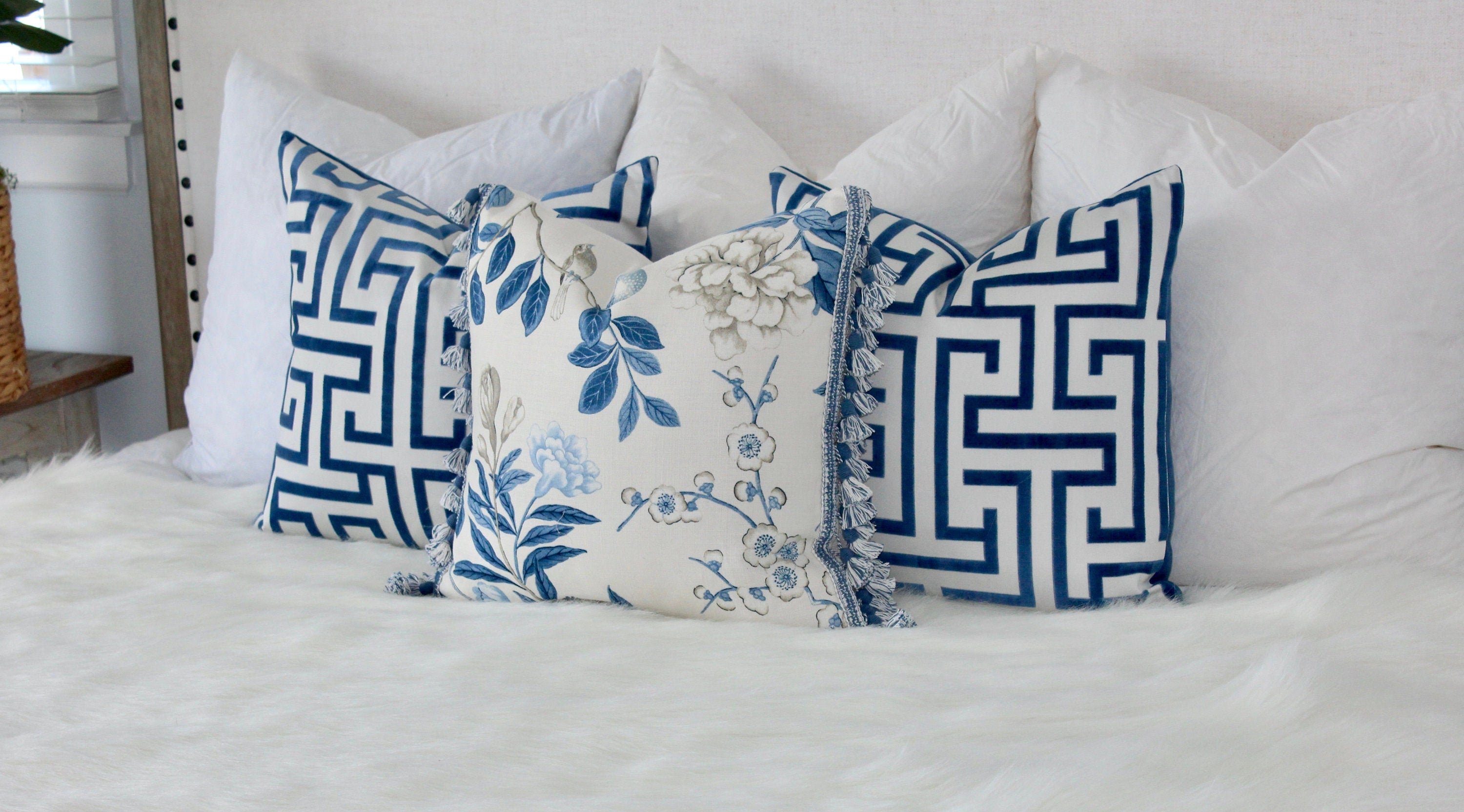Emperors Garden Pillow, Blue Tassel Trim. Lumbar Decorative Pillow, Designer pillows, accent Chinoiserie cushion cover, Floral Blue Pillow,