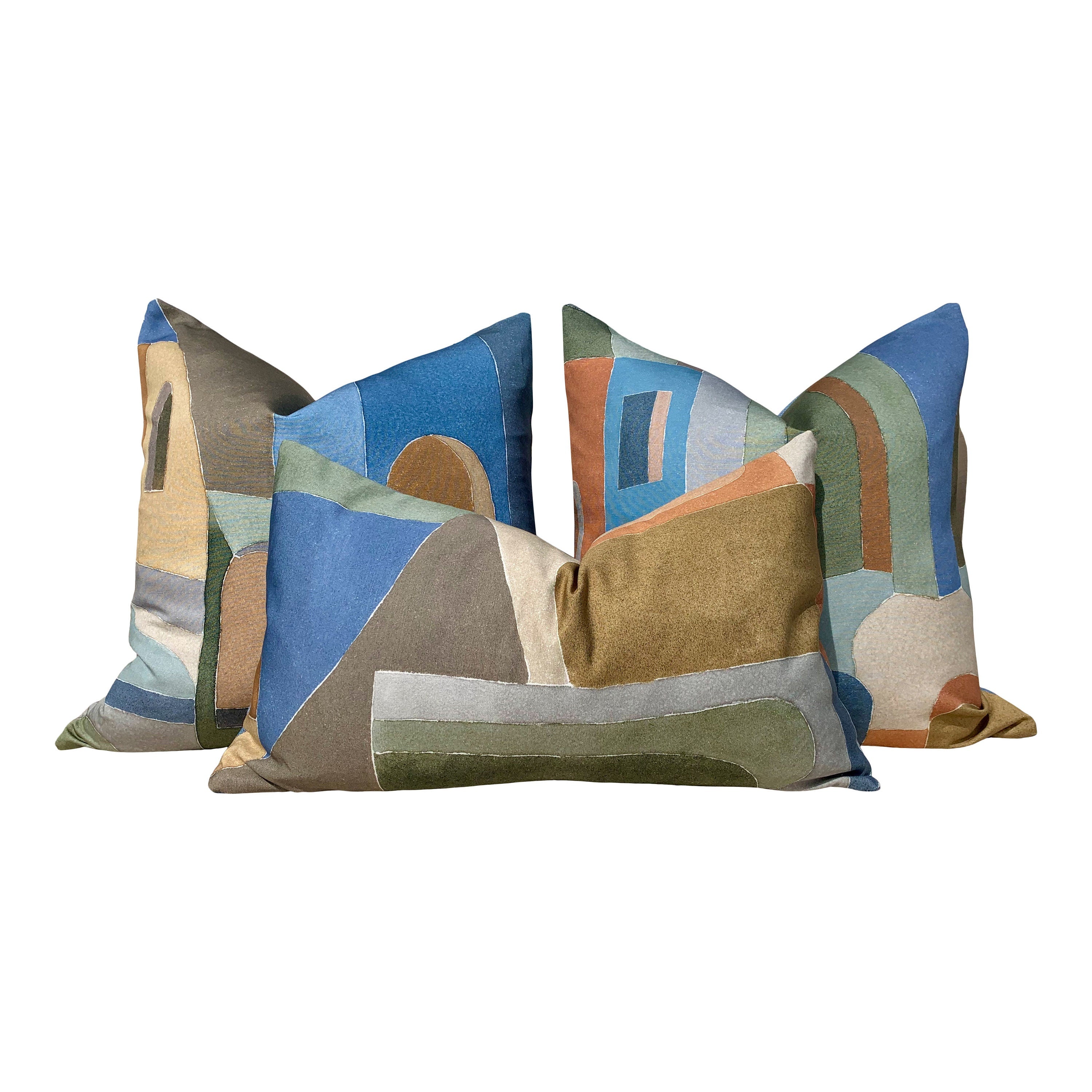 Designer Sahara Pillow in Earth. Multicolored Lumbar Pillow // Olive Green, Blue Pillow Cover // Euro Sham Pillow // Geometric Accent Pillow