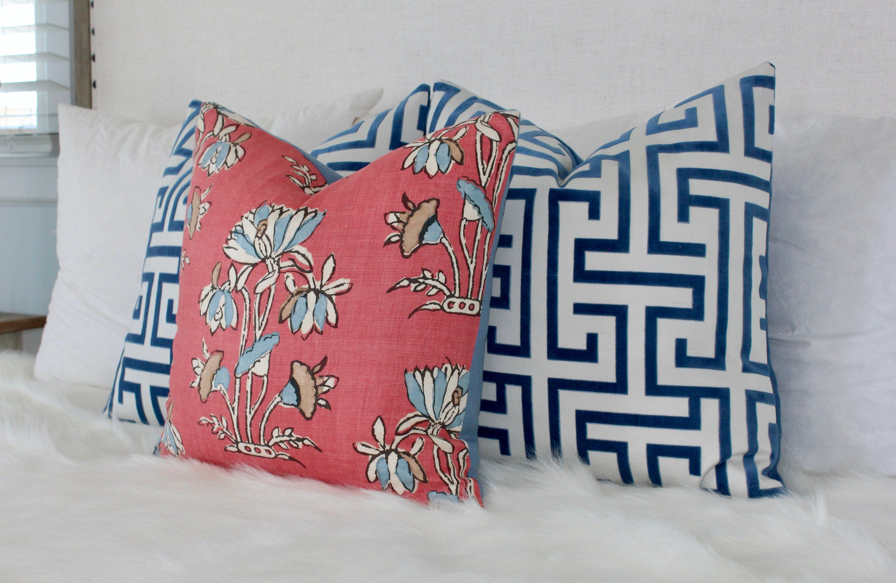 Lily Flower Pillow in Coral. Lumbar Floral Pillow Cover, Designer Coral Throw Pillow, Accent Pillow in Red Blue,  Euro Sham Cushion Cover