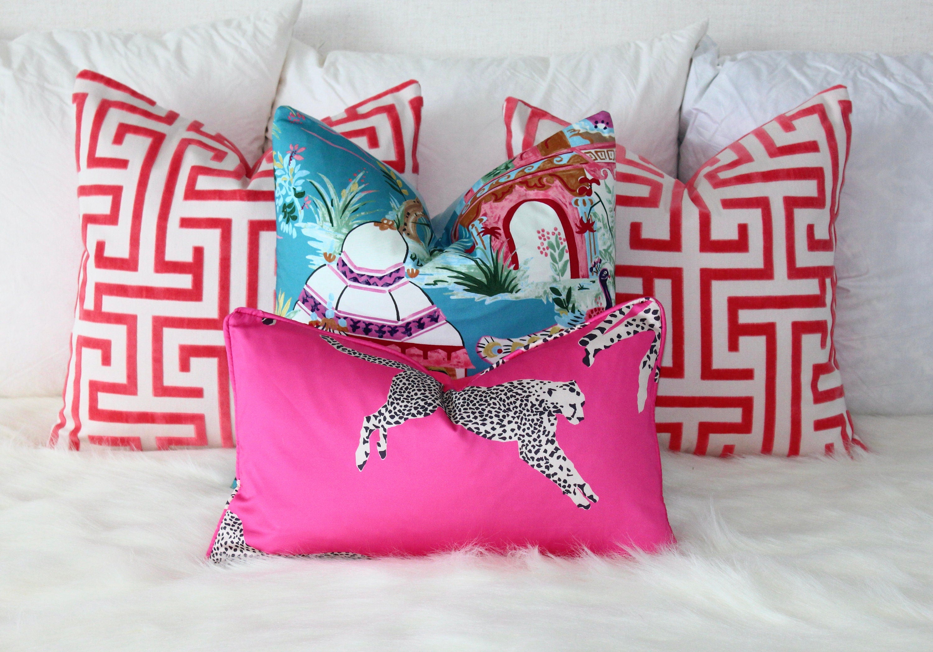 Leaping Cheetah Pink Pillow. Scalamandre Pillow, Bubblegum Pink Pillow, Animal Print Cushion, Designer Pillow, Euro Sham, Long Lumbar Pillow