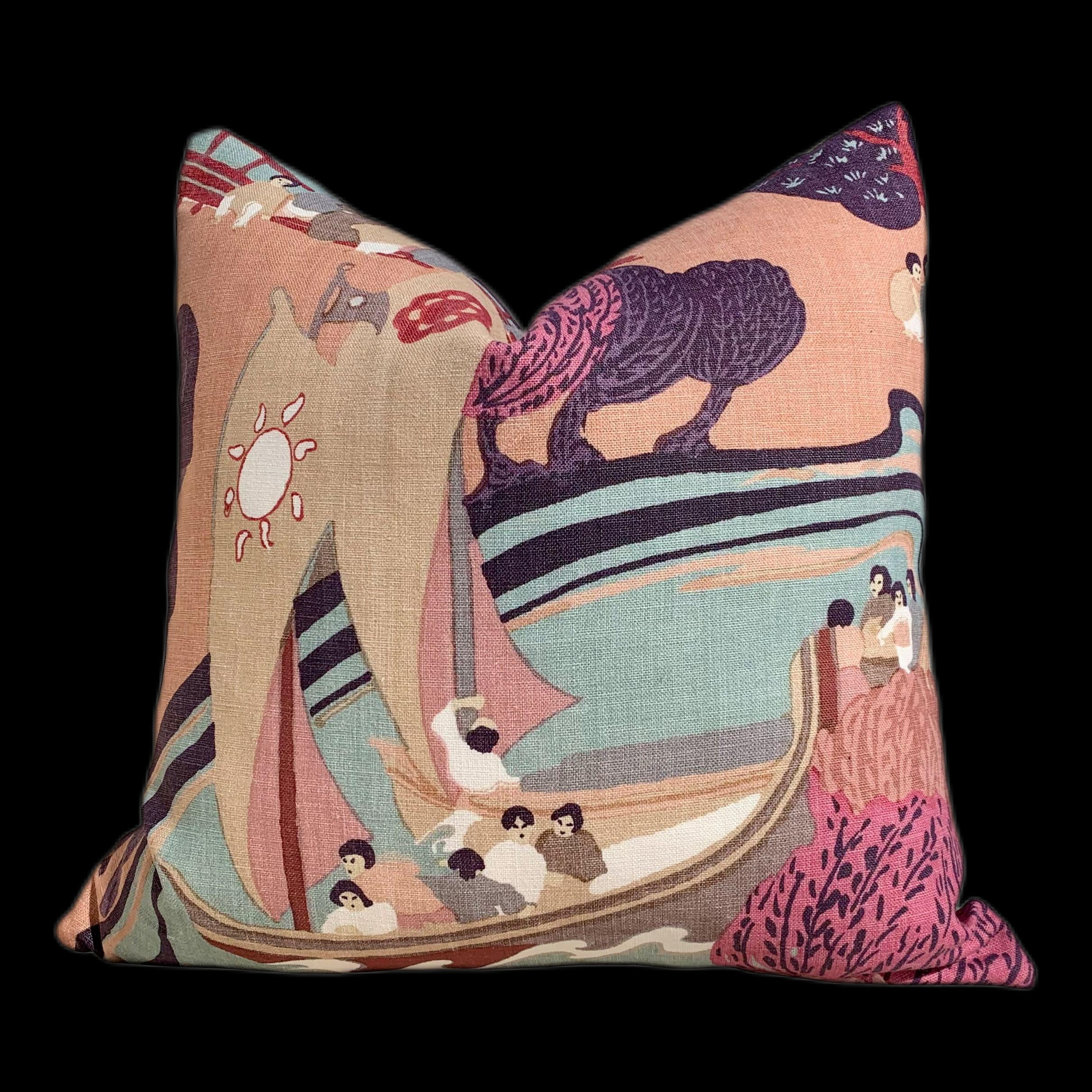 Schumacher Pearl River Linen Pillow in Blush. Designer Purple Aqua Pillow // Lumbar Linen Pillow // Chinoiserie Pillow Cover //