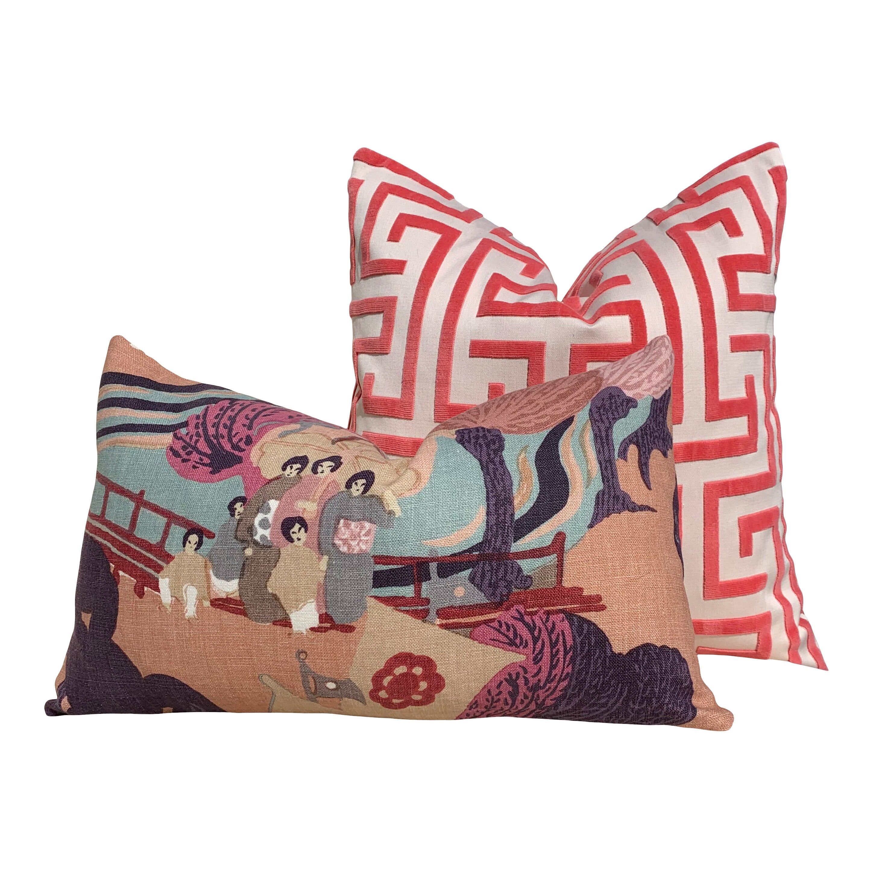 Schumacher Pearl River Linen Pillow in Blush. Designer Purple Aqua Pillow // Lumbar Linen Pillow // Chinoiserie Pillow Cover //